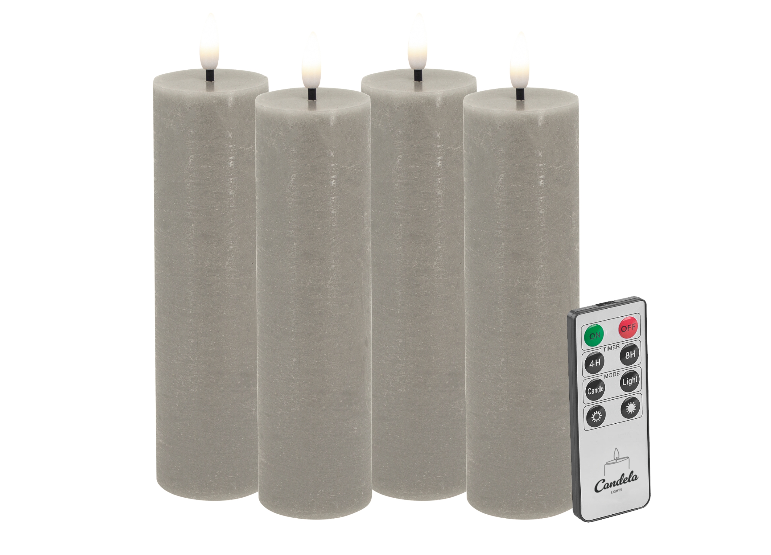 Candela LED Kerzen 4er Set H:17,5xØ5cm taupe rustic Echtwachs mit Fernbedienung Timer Funktion & mehrstufig dimmbar flammenlos Echtwachskerzen Stumpenkerze