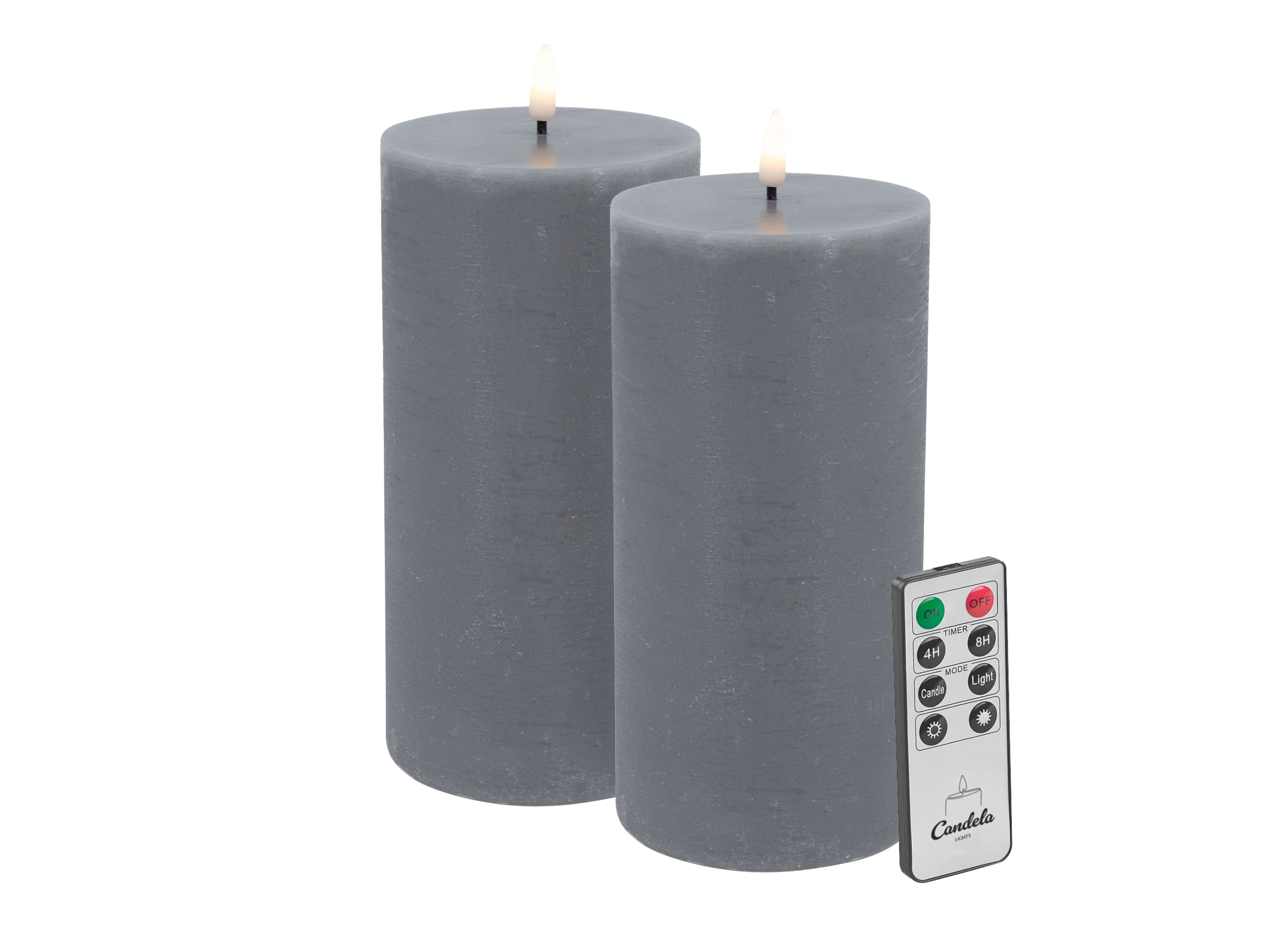 Candela Lights LED Kerzen 2er Set H:20xØ10cm grau rustic Stumpenkerze  Echtwachs mit Fernbedienung & Timerfunktion Flammenlose flackernde LED-Kerze mehrstufig dimmbar