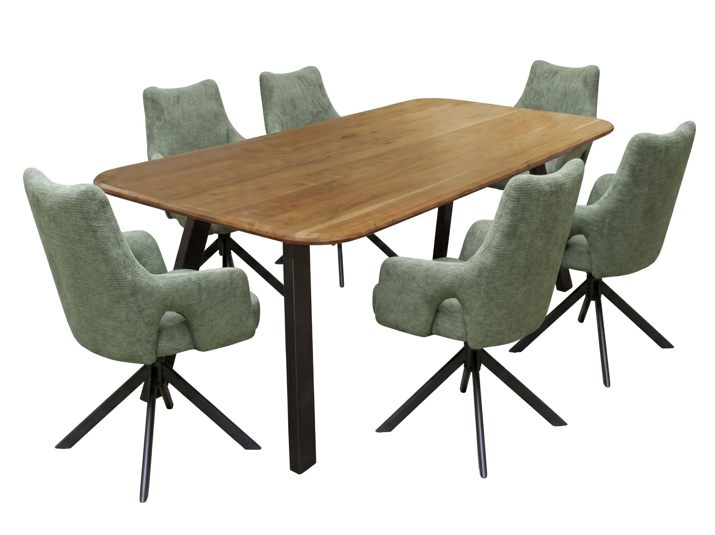 LC Home Essgruppe Livrono 7tlg. Esstisch Akazie Metallgestell 215x100cm + 6 Esszimmerstühle Livrono Grün