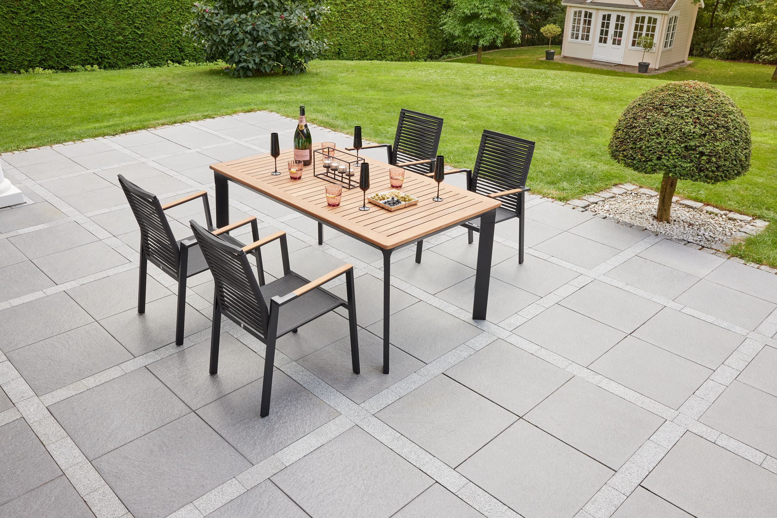LC Garden »Unicamo Nature Rope« Dining Set I Rope/Textilen schwarz Teakholz 5tlg. Sitzgruppe Gartenset