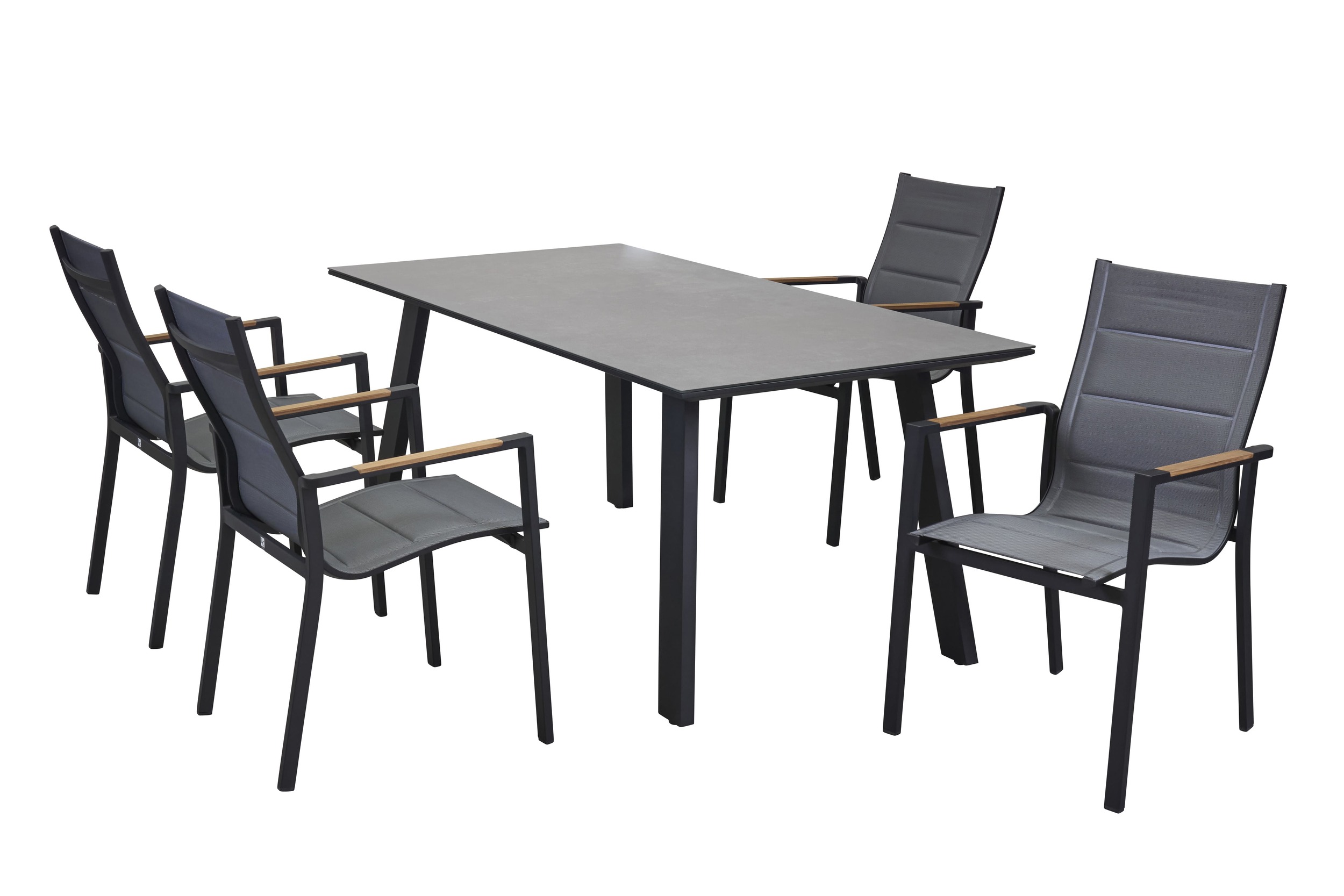 LC Garden »Sunrest Unicamo« Dining Set I Textilen matt schwarz/silber Teakholz 5tlg. Sitzgruppe Gartenset