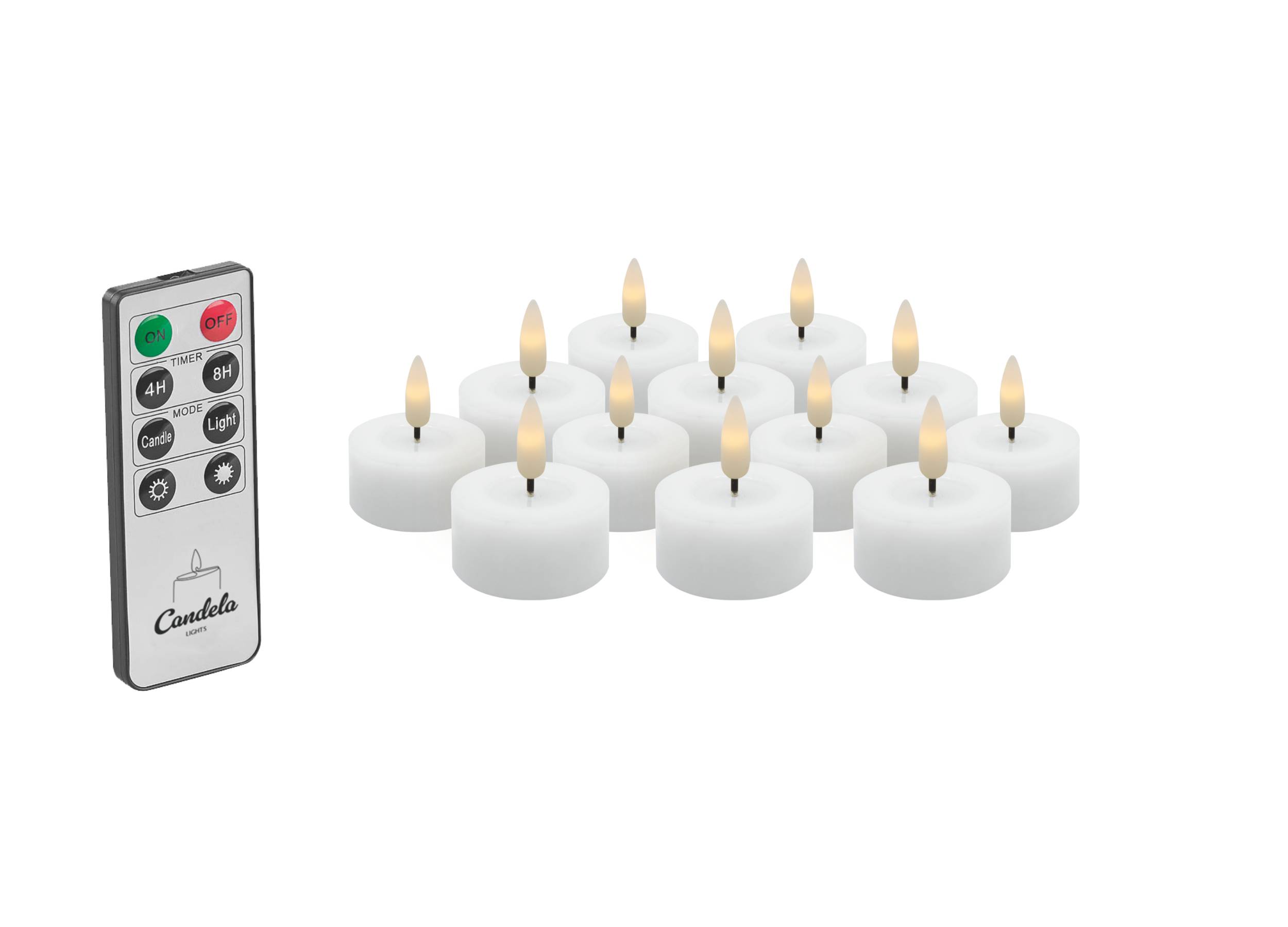 Candela Lights LED Kerzen 12er Set Ø4,5cm Winter weiß glatt Echtwachs Teelicht mit Fernbedienung & Timerfunktion Flammenlose flackernde LED-Kerze mehrstufig dimmbar Candela Lights LED Kerzen 12er Set Ø4,5cm Winter weiß glatt Echtwachs Teelicht mit Fernbedienung & Timerfunktion Flammenlose flackernde LED-Kerze mehrstufig dimmbar