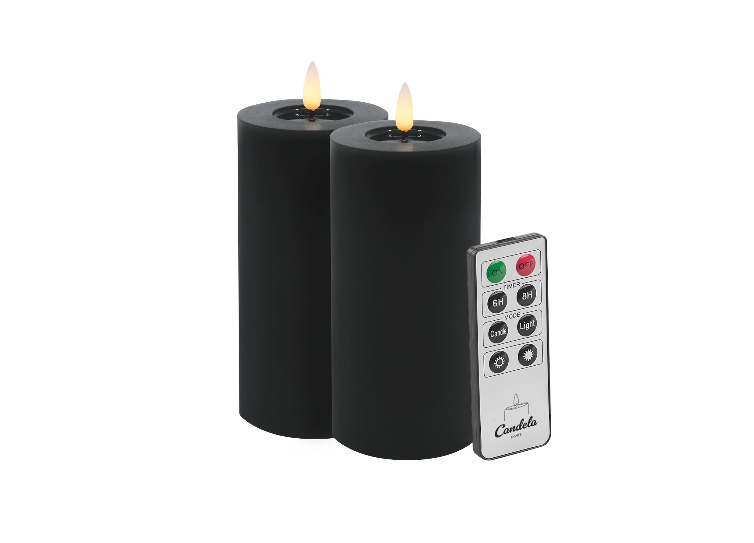Candela LED Kerzen 2er Set H:15xØ7,5cm Winter schwarz glatt Echtwachs mit Fernbedienung Timer Funktion & mehrstufig dimmbar flammenlos Echtwachskerzen Stumpenkerze