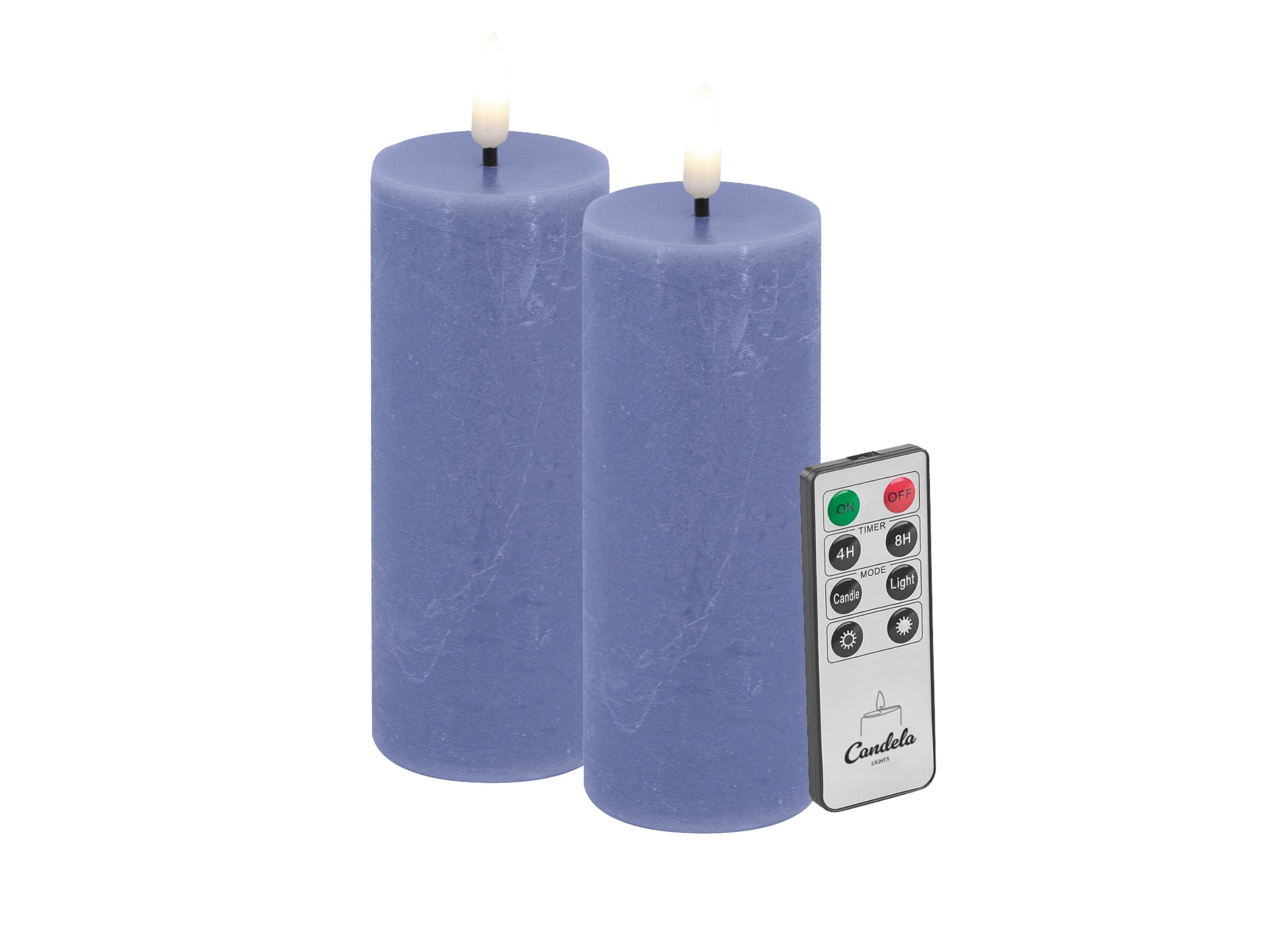 Candela LED Kerzen 2er Set H:10xØ5cm blau rustic Echtwachs mit Fernbedienung Timer Funktion & mehrstufig dimmbar flammenlos Echtwachskerzen Stumpenkerze