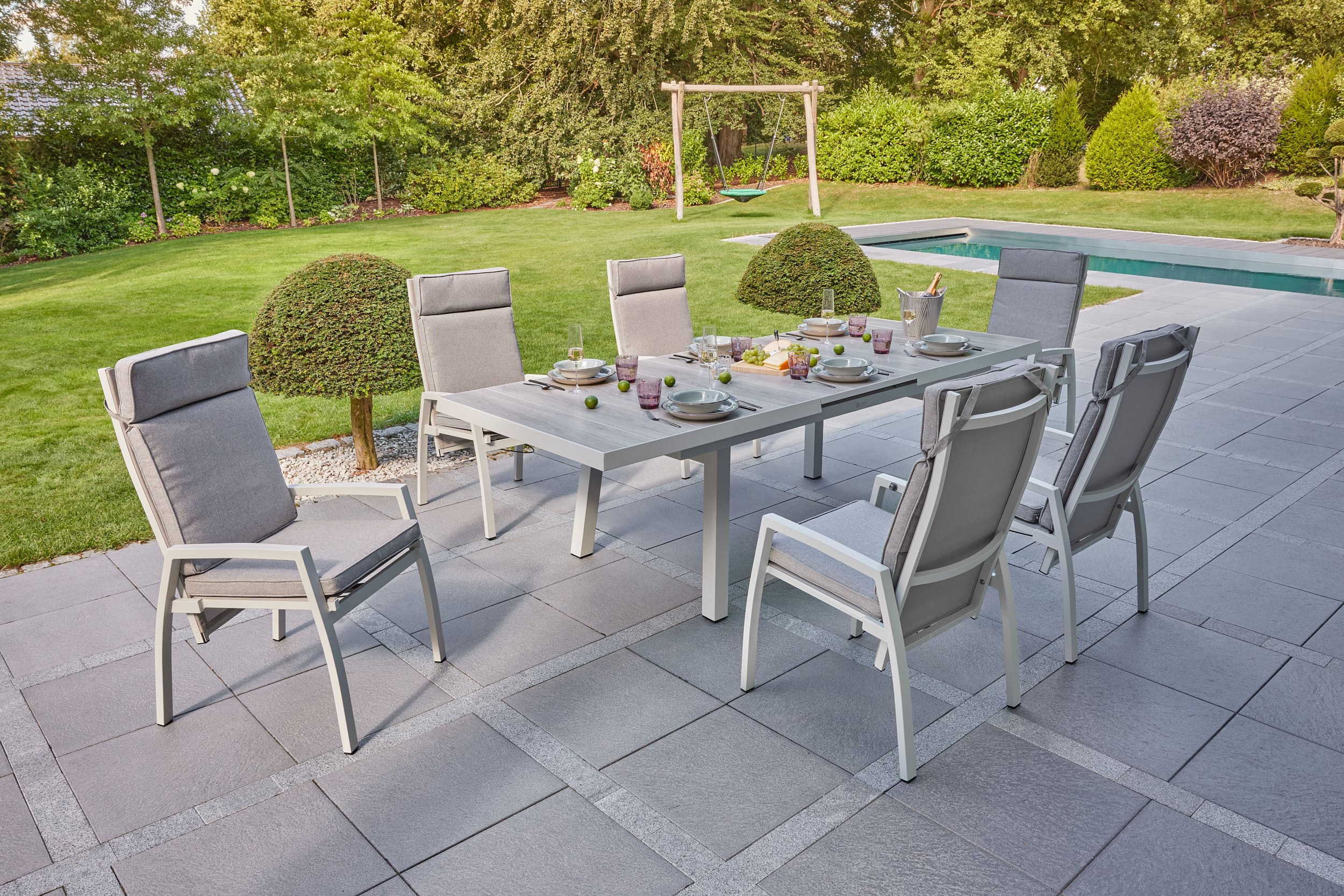 LC Garden 8er Set »Keramo« Positionsstuhl Textilen off-white Gartenstuhl mit Kissen