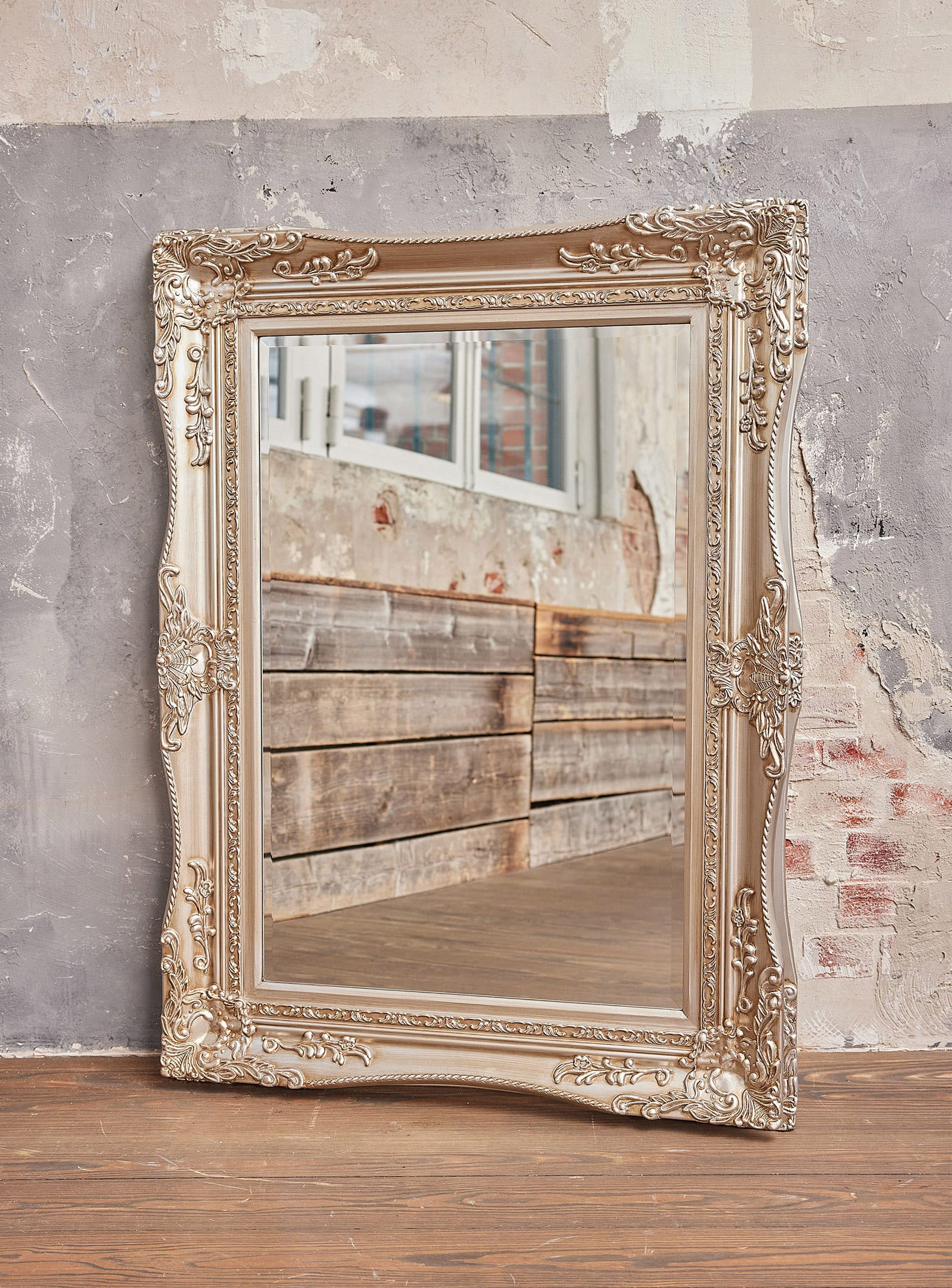 LC Home Wandspiegel Barock Spiegel Silber ca. 120x90 cm Antik-Stil Flurspiegel Doppelrahmen Facettenschliff