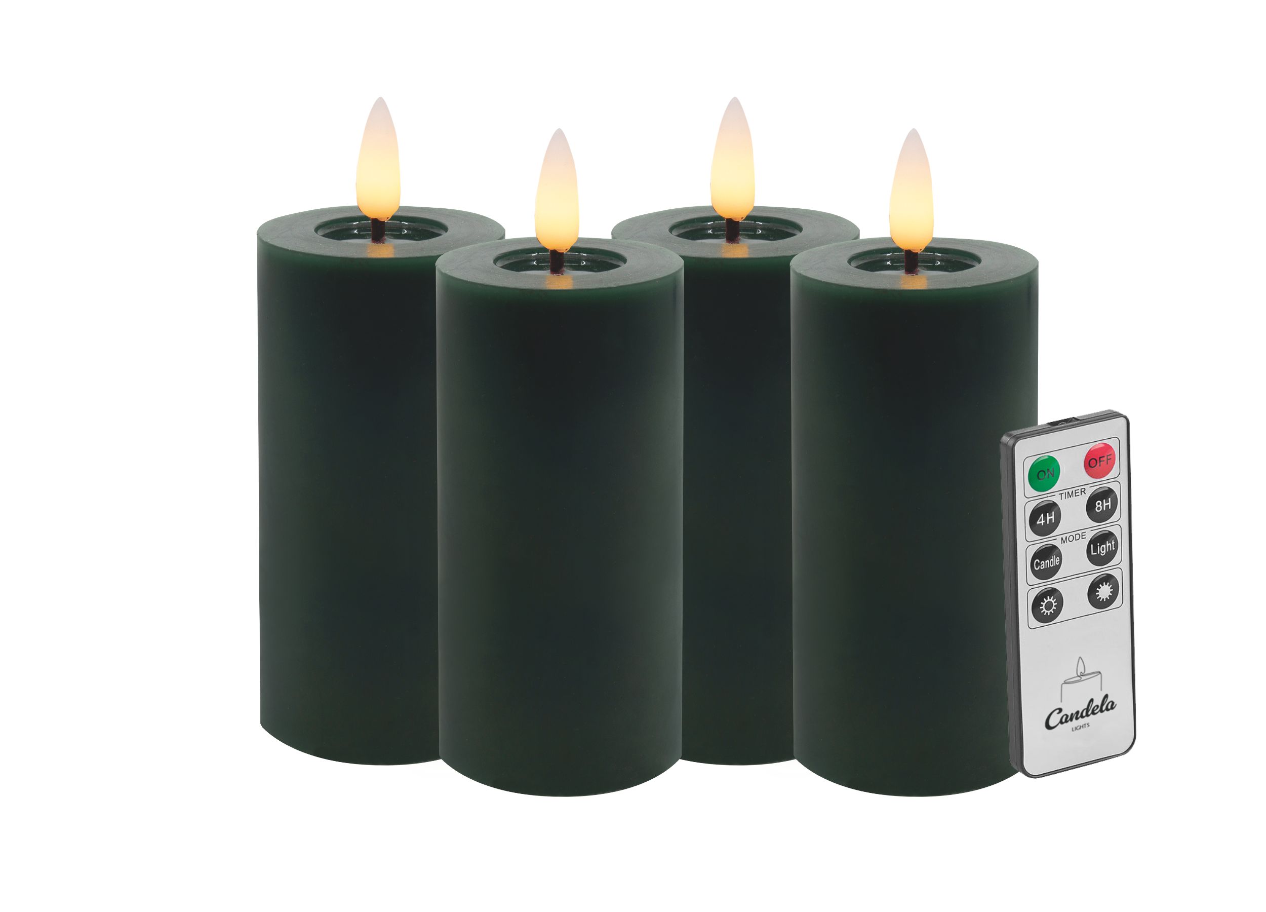 Candela LED Kerzen 4er Set H:10xØ5cm Winter grün glatt Echtwachs mit Fernbedienung Timer Funktion & mehrstufig dimmbar flammenlos Echtwachskerzen Stumpenkerze