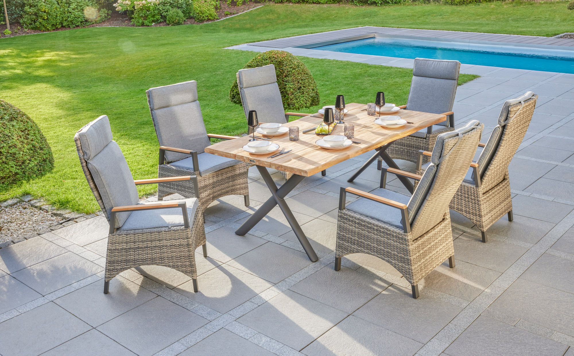 LC Garden »Keramo« Teak Dining Set III 200cm Teaktisch Sitzgruppe Gartenset natur-grau