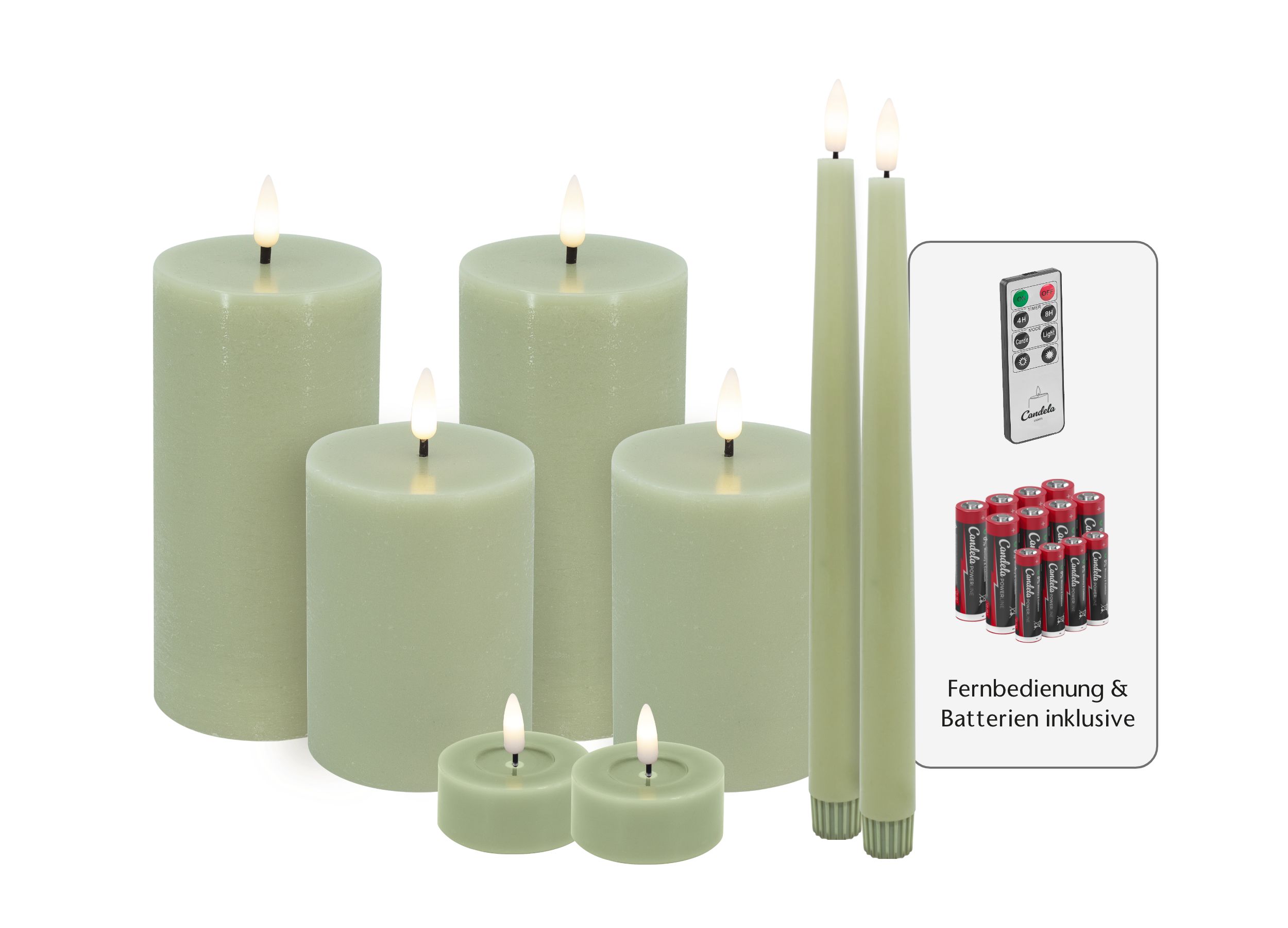 Candela Lights LED Kerzen 8er Set Basic Grün rustic Echtwachs inklusive Fernbedienung und Batterien Timer Funktion & mehrstufig dimmbar flammenlos Echtwachskerzen Stumpenkerzen