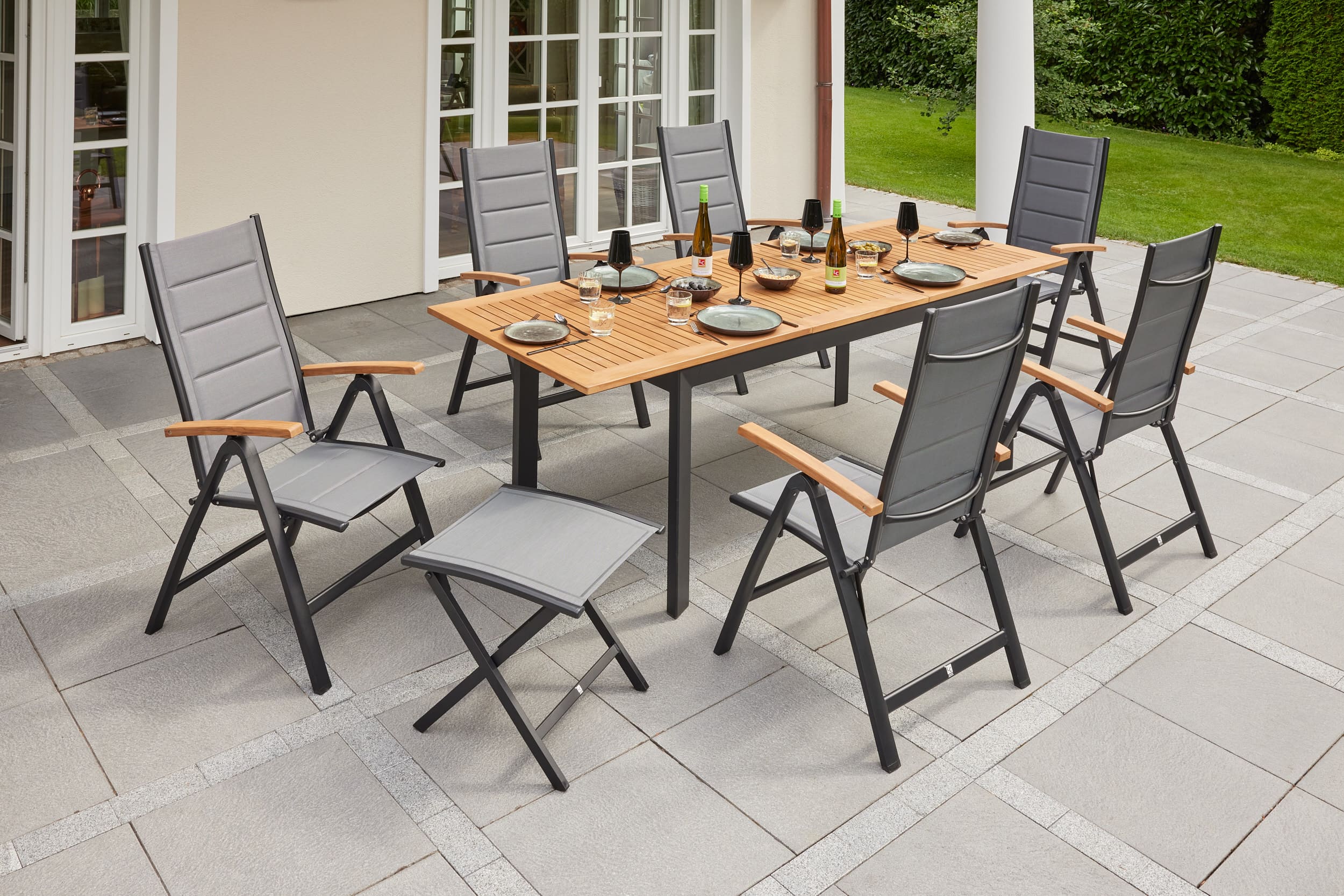 LC Garden »Unicamo« matt schwarz/Teak Dining Set I 7tlg. Sitzgruppe Textilen Gartenset