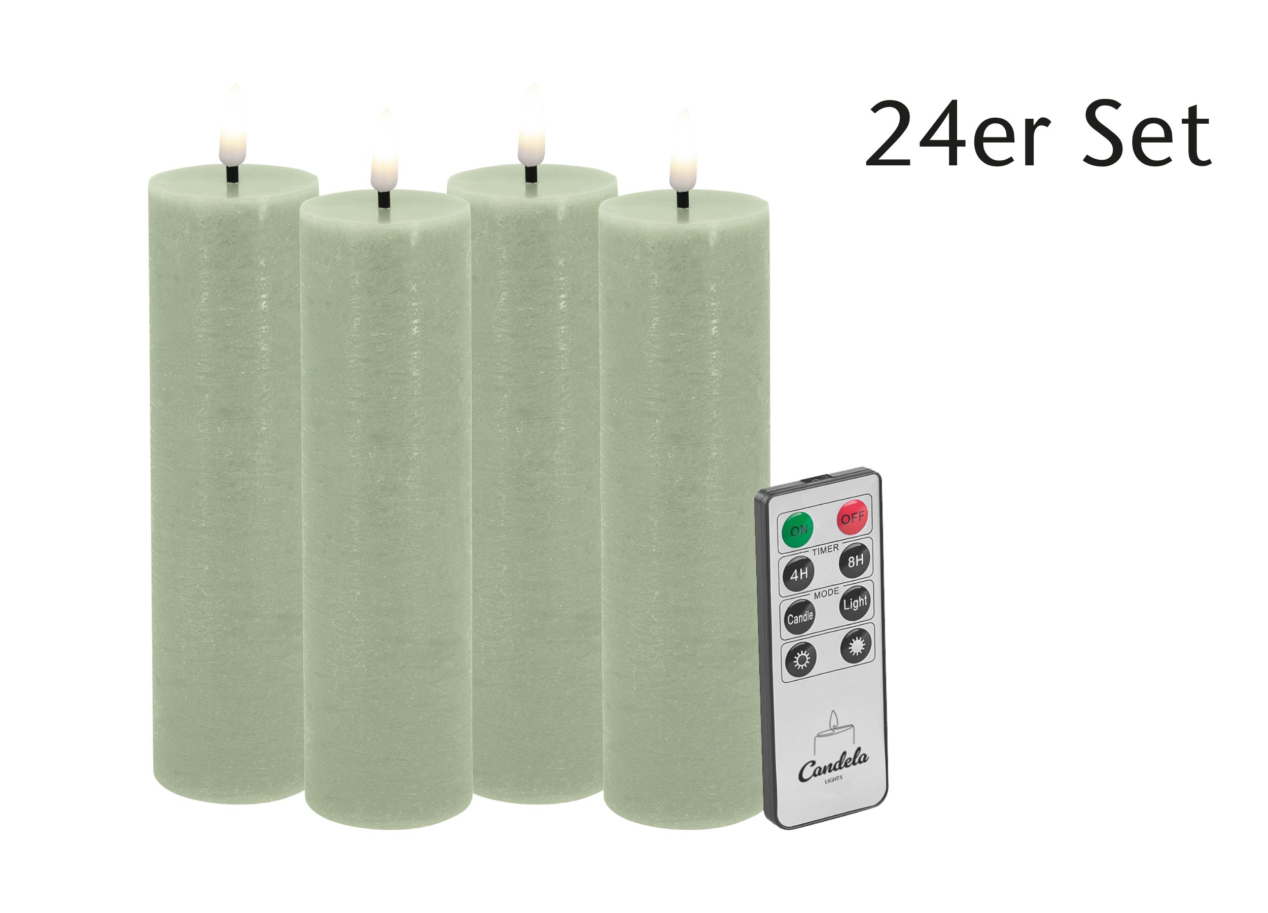 Candela LED Kerzen 24er Set H:17,5xØ5cm grün rustic Echtwachs mit Fernbedienung Timer Funktion & mehrstufig dimmbar flammenlos Echtwachskerzen Stumpenkerze