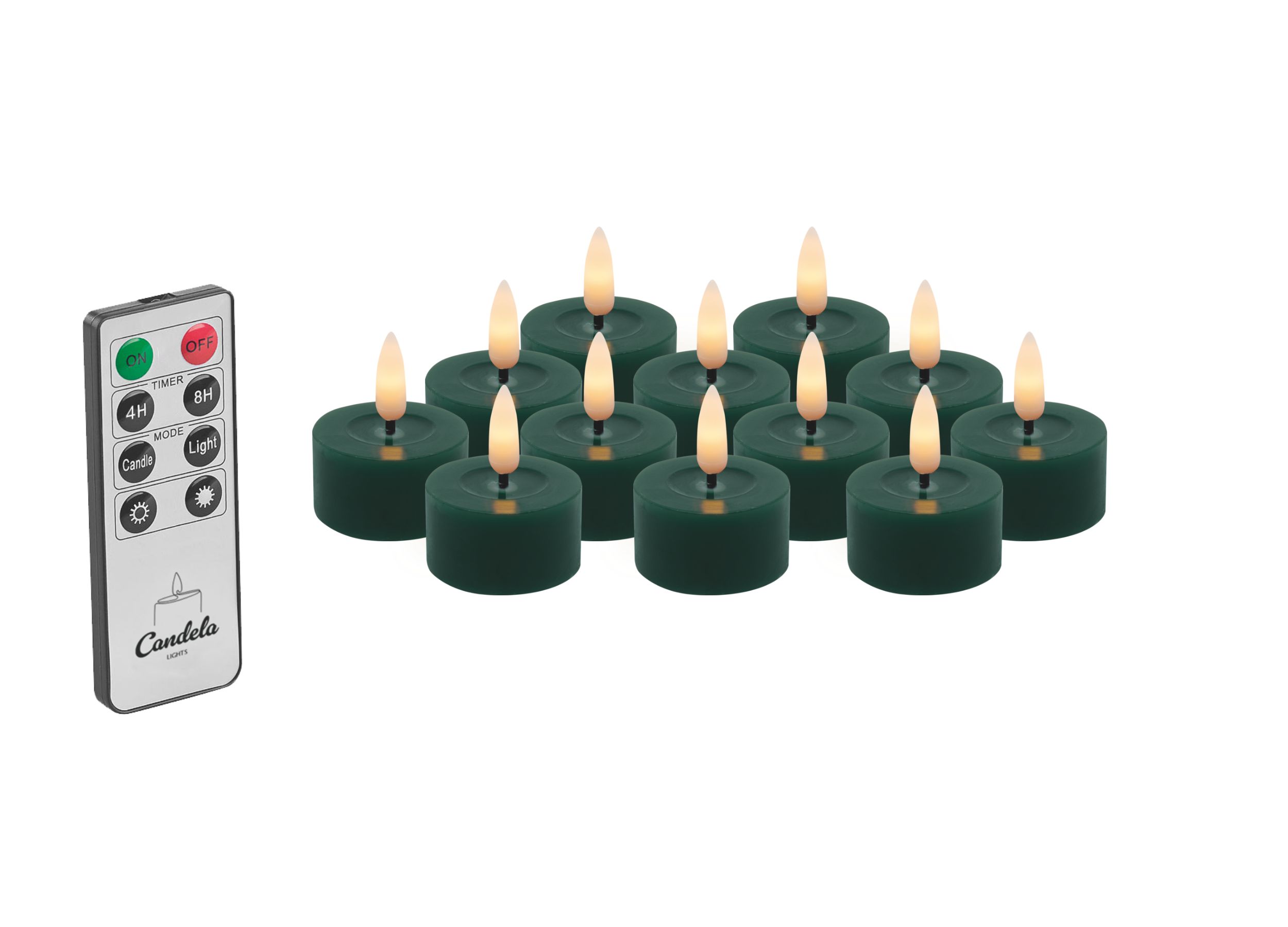 Candela Lights LED Kerzen 12er Set Ø4,5cm Winter green Smooth-Finish Echtwachs Teelicht mit Fernbedienung & Timerfunktion Flammenlose flackernde LED-Kerze mehrstufig dimmbar