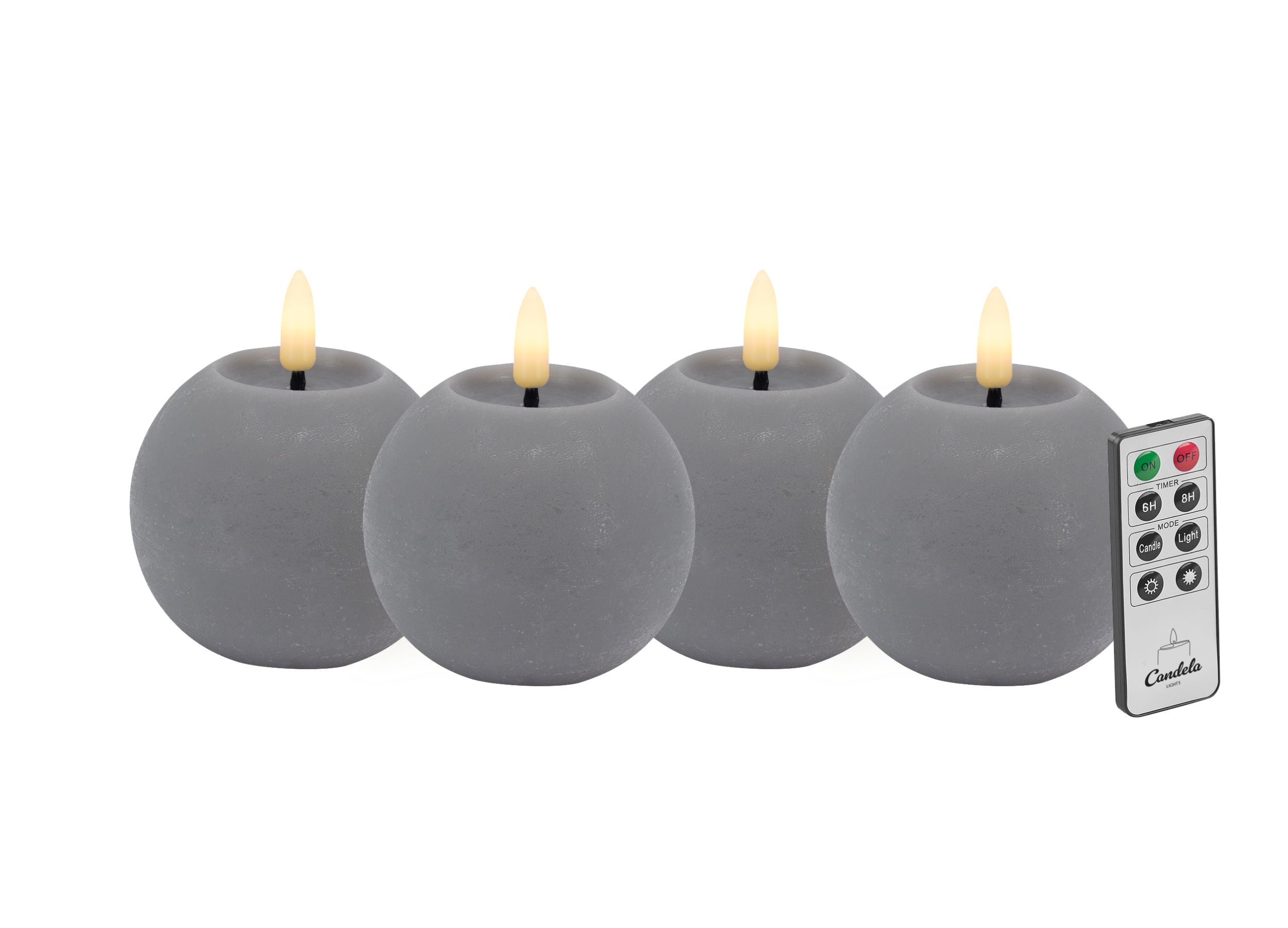 Candela Lights LED Kerzen 4er Set H:7xØ8cm rustic grau mit Fernbedienung Timer Funktion & mehrstufig dimmbar flammenlos Echtwachskerzen Kugelkerze