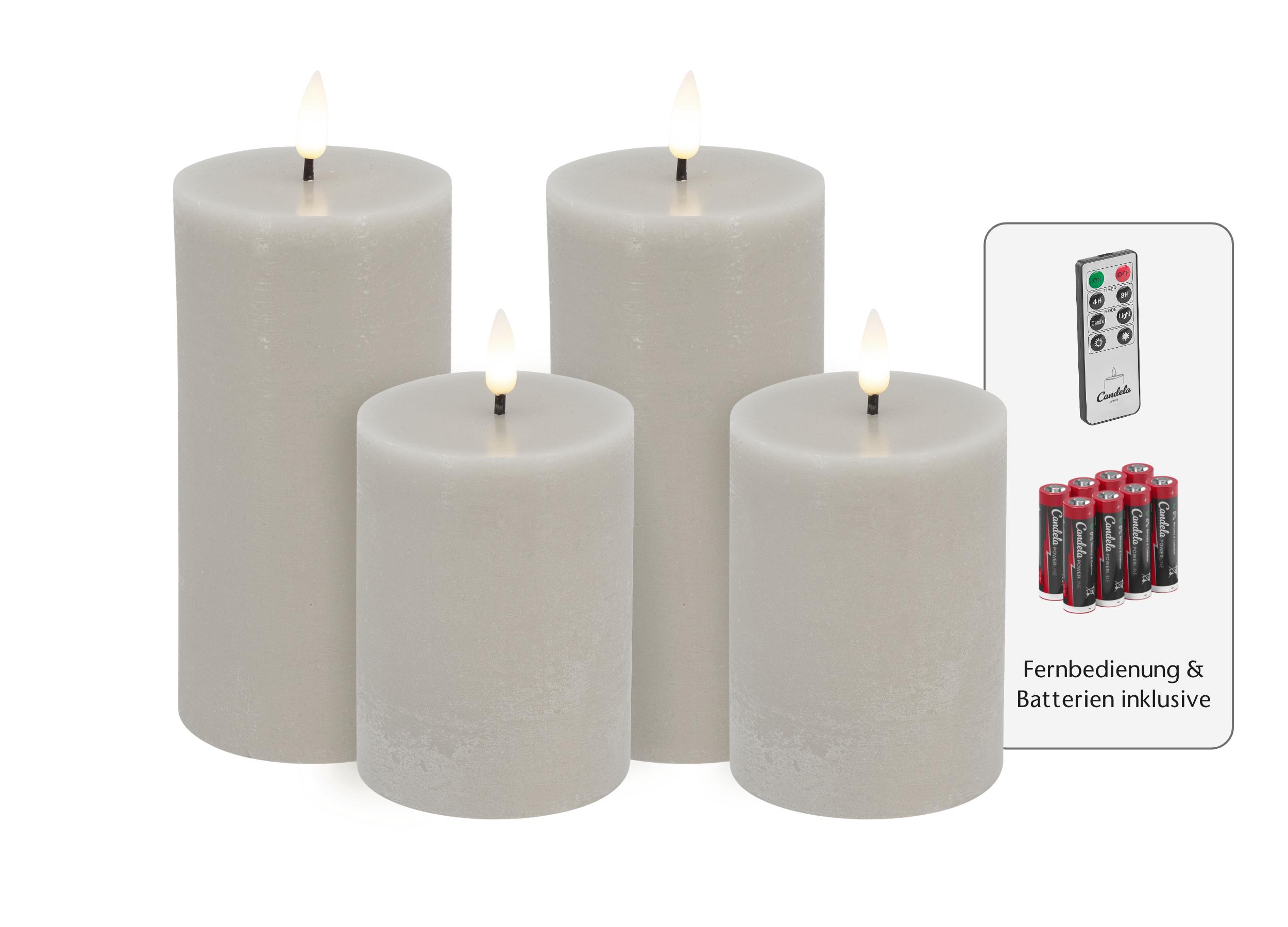 Candela Lights LED Kerzen 4er Set Basic Sand rustic Echtwachs inklusive Fernbedienung und 8 Batterien Timer Funktion & mehrstufig dimmbar flammenlos Echtwachskerzen Stumpenkerzen Candela Lights LED Kerzen 4er Set Basic Sand rustic Echtwachs inklusive Fernbedienung und 8 Batterien Timer Funktion & mehrstufig dimmbar flammenlos Echtwachskerzen Stumpenkerzen