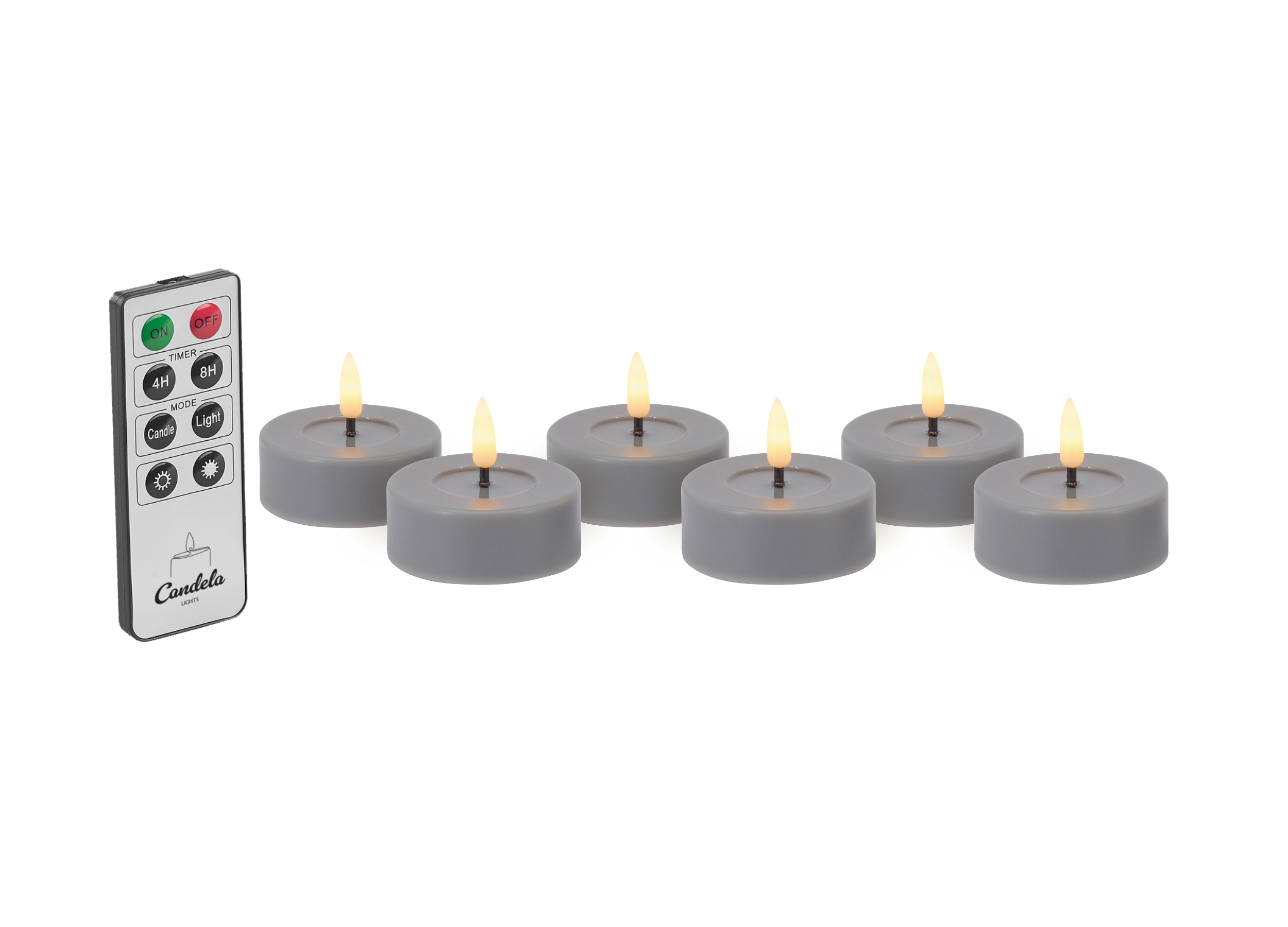 Candela Lights LED Kerzen 6er Set Ø6,8cm grau Teelicht mit Fernbedienung & Timerfunktion Flammenlose flackernde LED-Kerze mehrstufig dimmbar