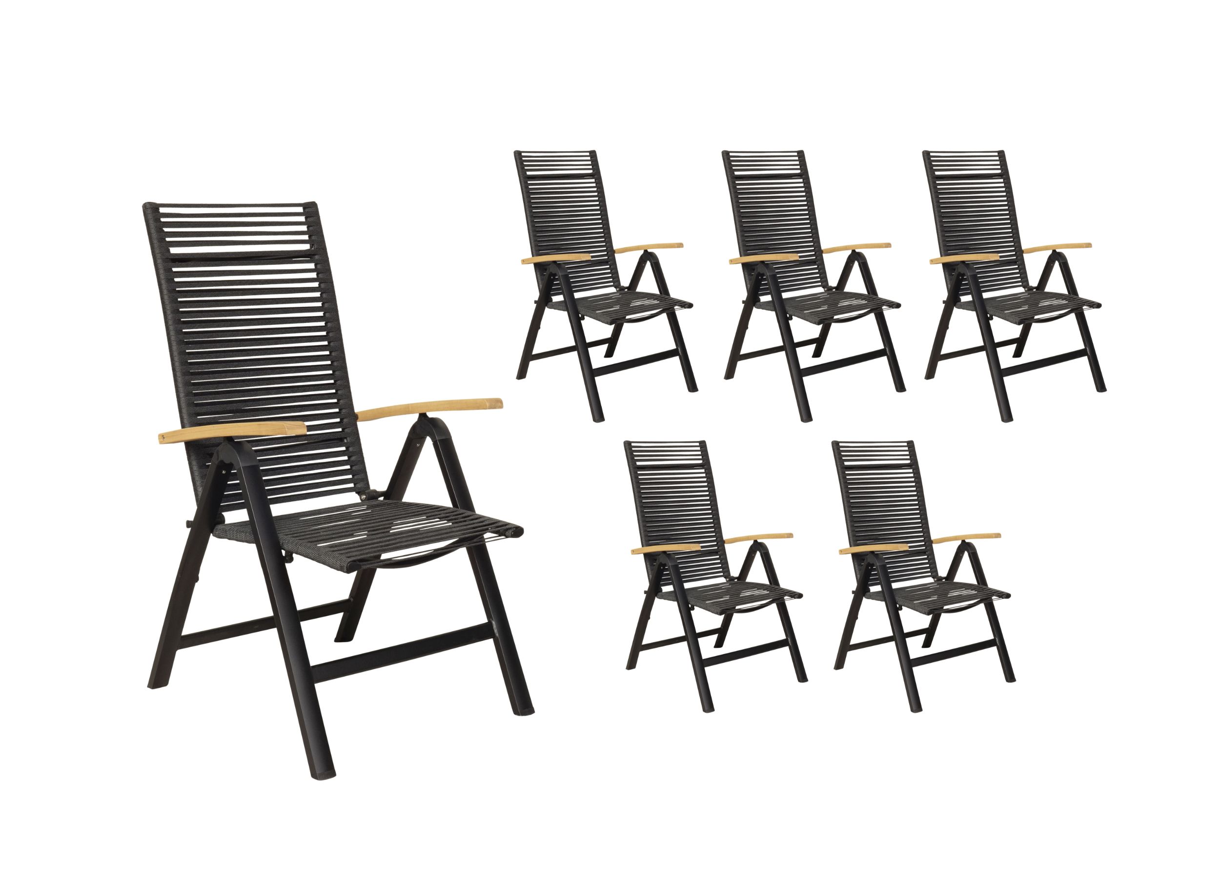LC Garden 6er Set »Toronto« Klappsessel Rope schwarz mit Rope-Geflecht inkl. Teakholz Armlehne Gartenstuhl klappbar