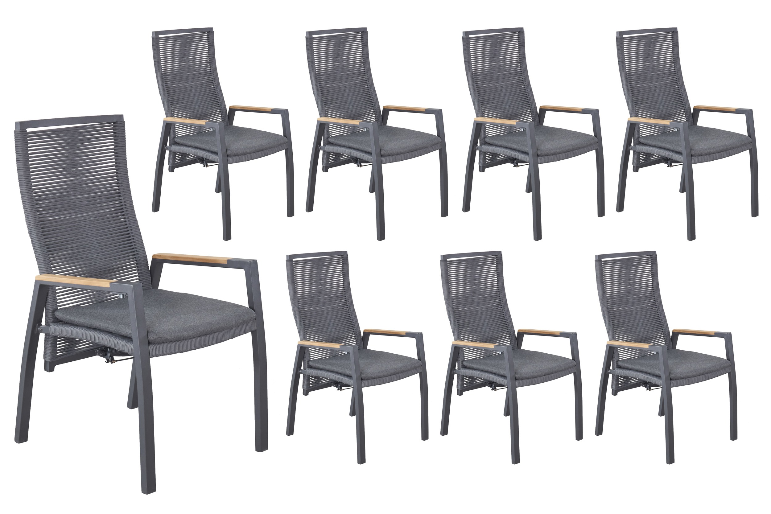 LC Garden 8er Set »Diwo« Gartenstuhl anthrazit/grau Aluminium/Rope & Teak-Armlehne Positionsstuhl mit Sitzkissen aus Sunbrella® Stoff