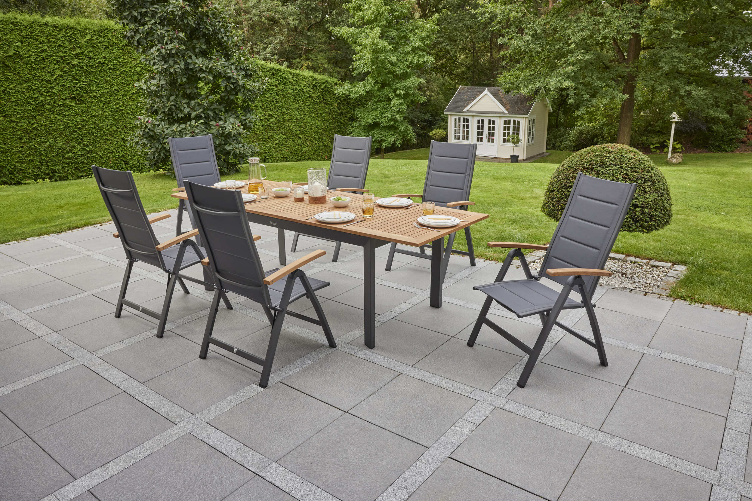LC Garden »Unicamo« anthrazit/Teak Dining Set I 7tlg. Sitzgruppe Textilen Gartenset
