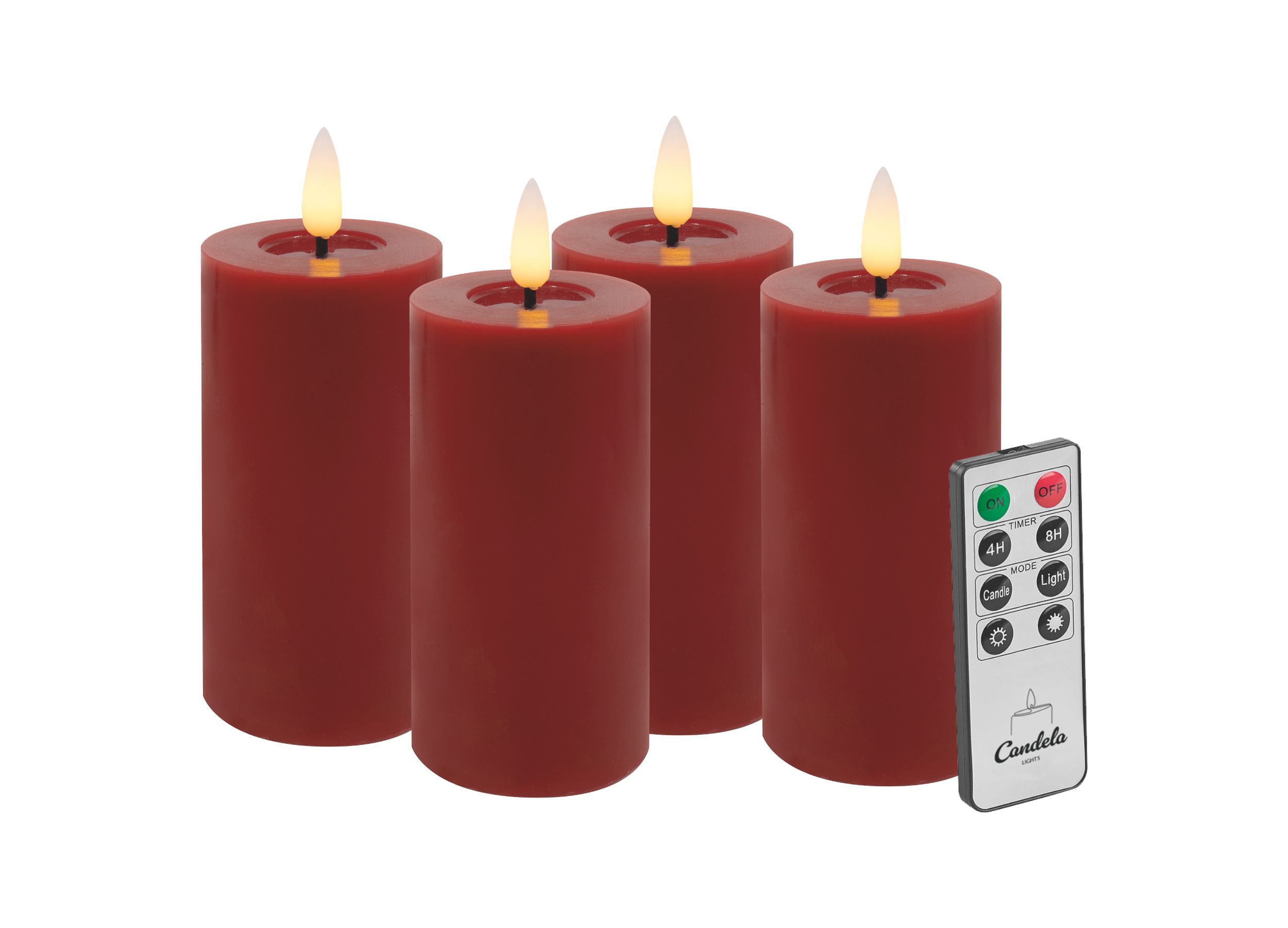 Candela LED Kerzen 4er Set H:10xØ5cm Winter rot glatt Echtwachs mit Fernbedienung Timer Funktion & mehrstufig dimmbar flammenlos Echtwachskerzen Stumpenkerze