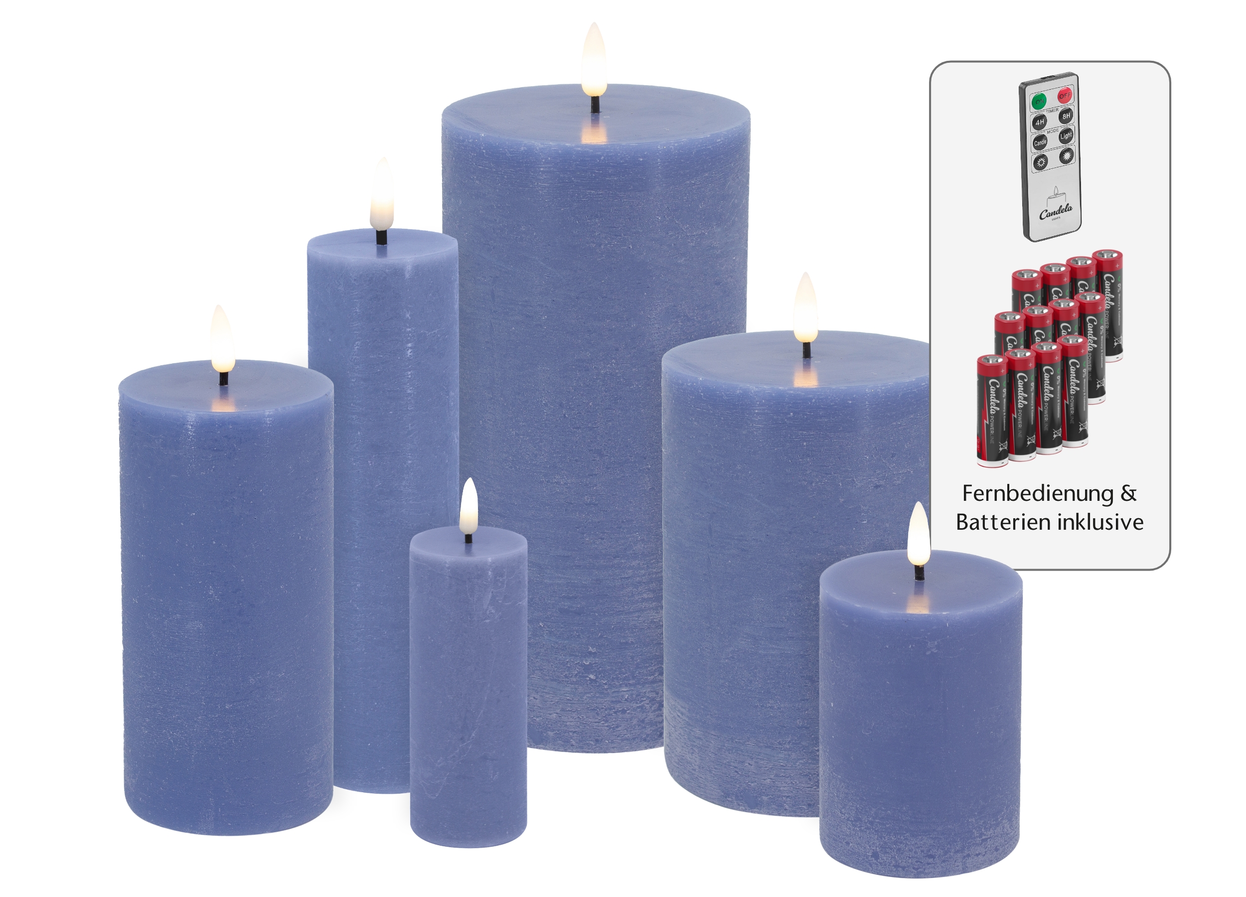 Candela Lights LED Kerzen 6er Set Basic Blau rustic Echtwachs inklusive Fernbedienung und 12 Batterien Timer Funktion & mehrstufig dimmbar flammenlos Echtwachskerzen Stumpenkerzen