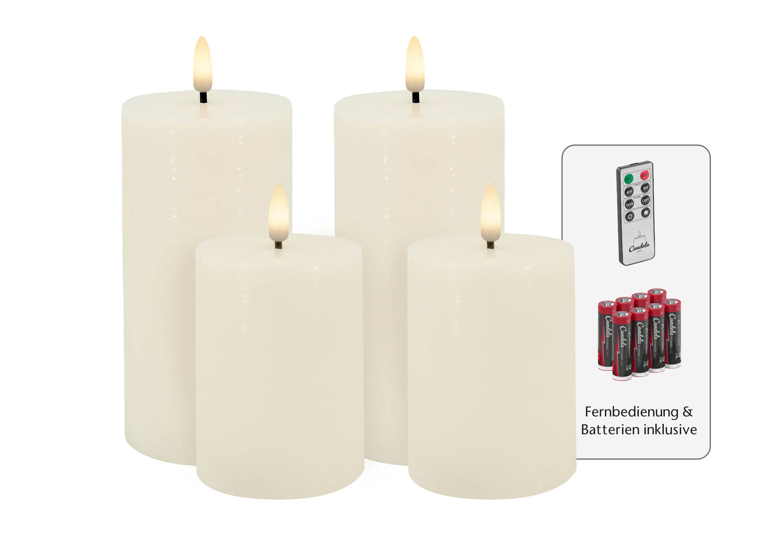 Candela Lights LED Kerzen 4er Set Basic Cream rustic Echtwachs inklusive Fernbedienung und 8 Batterien Timer Funktion & mehrstufig dimmbar flammenlos Echtwachskerzen Stumpenkerzen