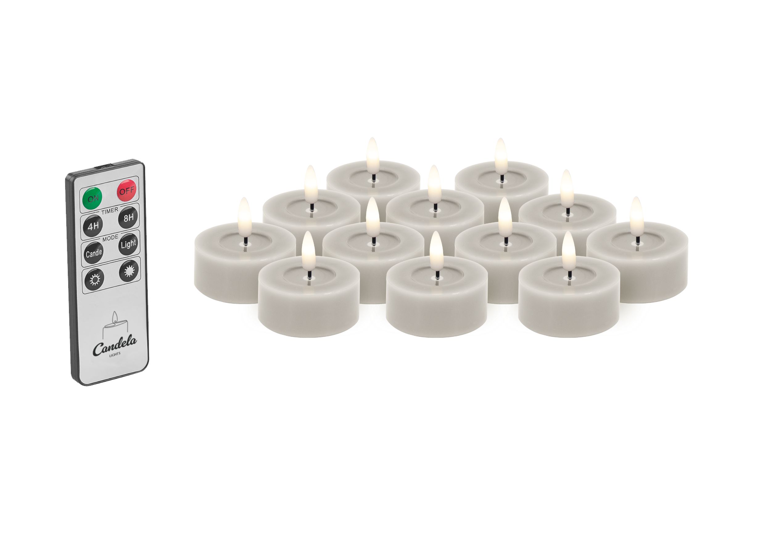 Candela Lights LED Teelicht 12er Set Ø4,5cm rustic sand mit Fernbedienung Timer Funktion & mehrstufig dimmbar flammenlos Teelicht
