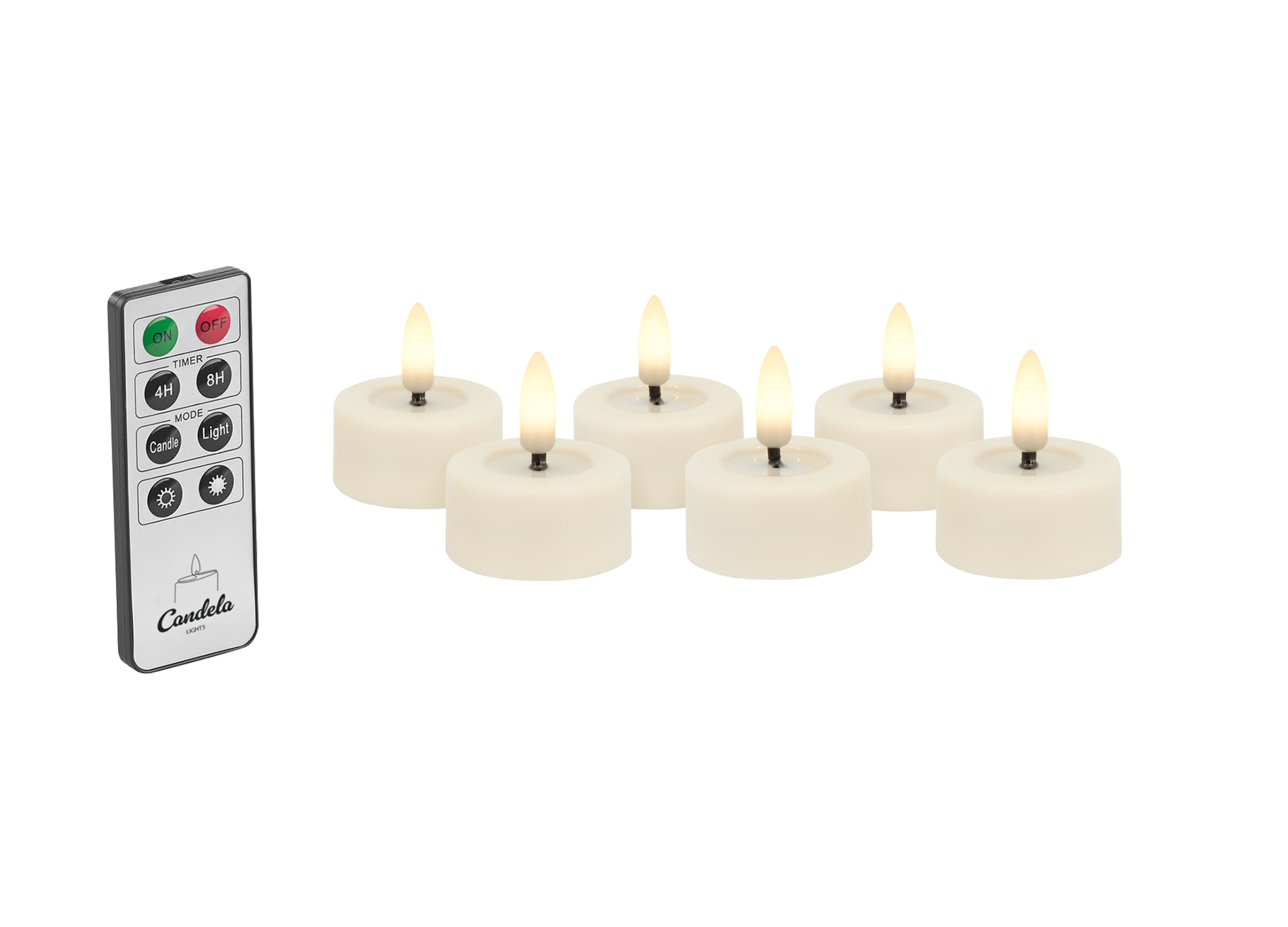 Candela Lights LED Teelicht 6er Set creme Ø6,8cm Flammeneffekt & feste Flamme mit Fernbedienung Timer Funktion & mehrstufig dimmbar