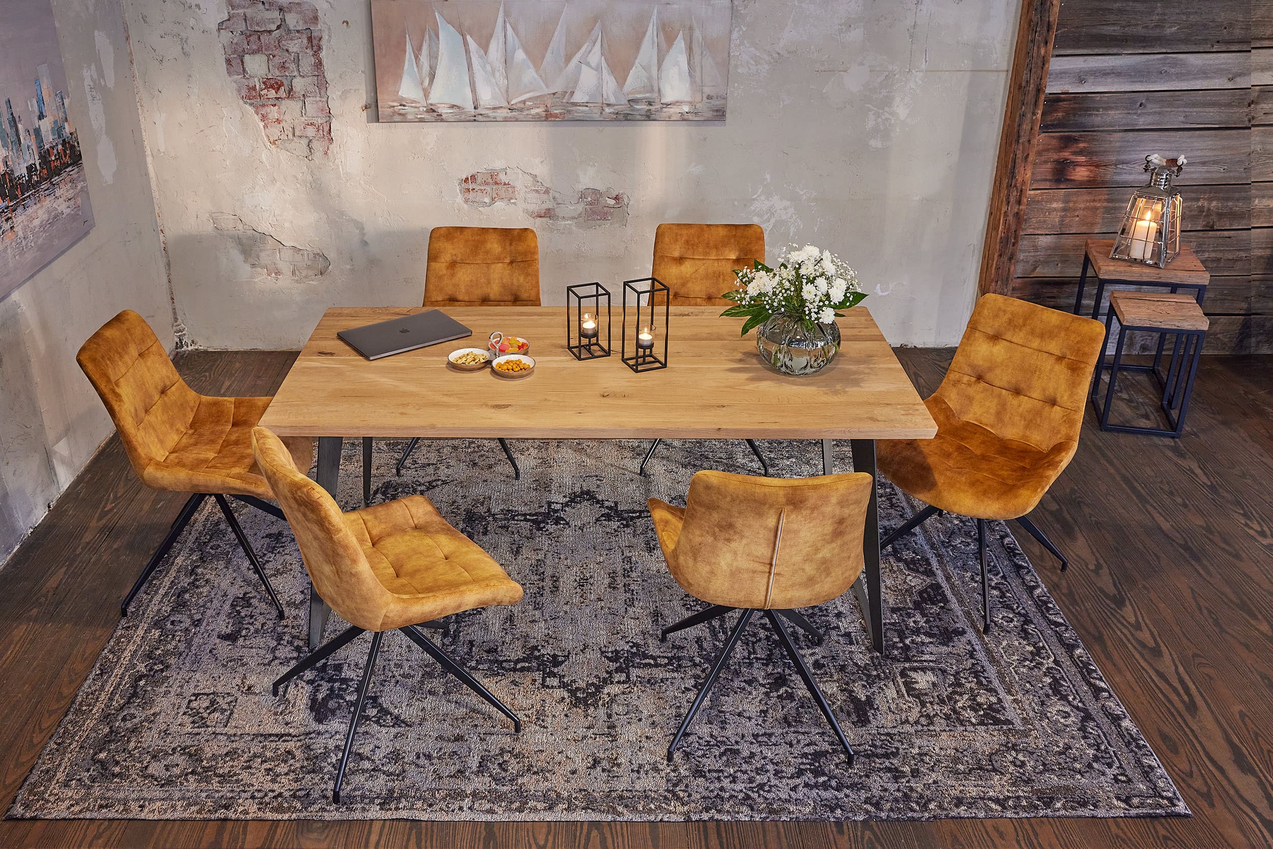 LC Home »Hanoi« Dining Set II Sitzgruppe Natur Samt Bernstein