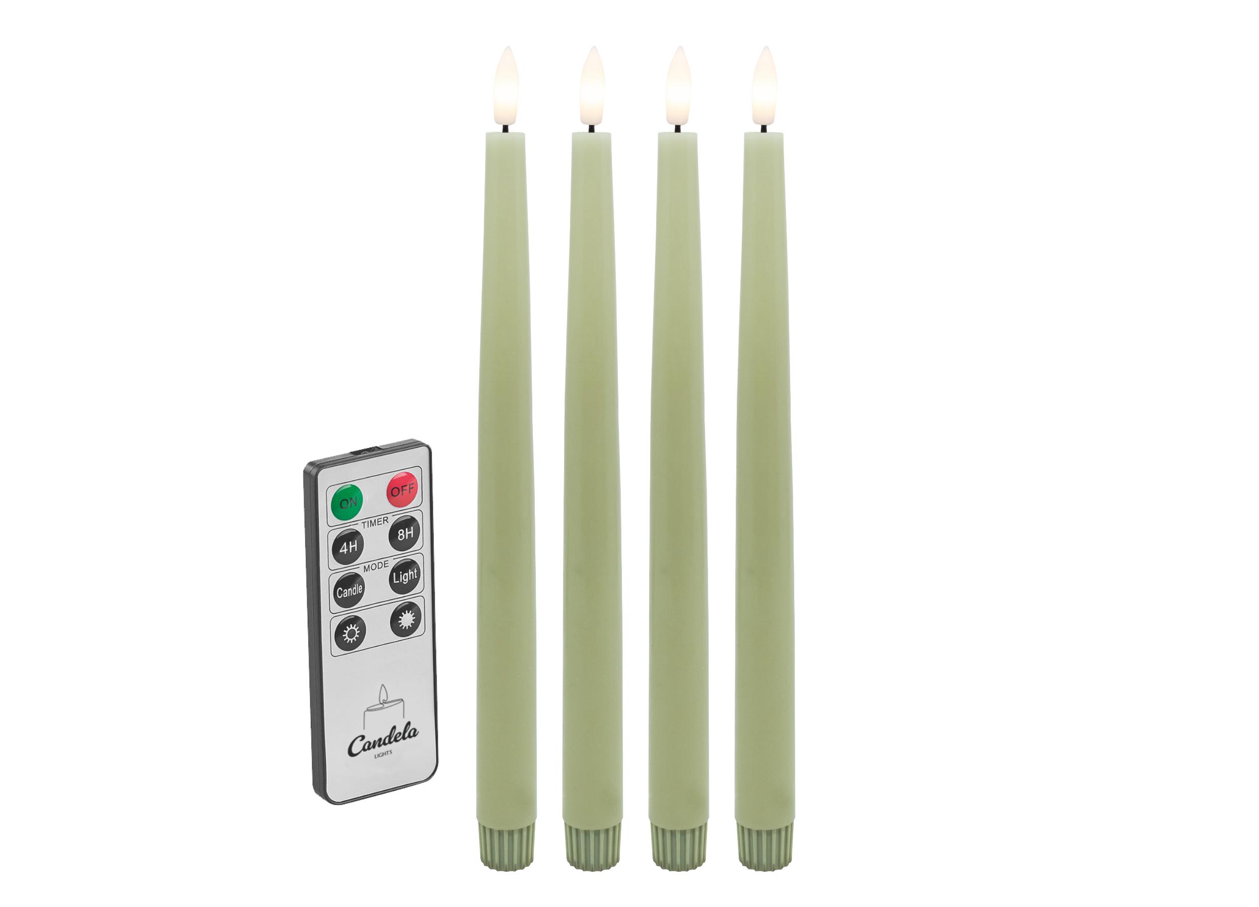 Candela Lights LED Echtwachs Stabkerze 4er Set rustic grün H:26,5xØ2,2cm mit Timerfunktion & Fernbedienung Dinnerkerzen dimmbar Tafelkerzen Spiralkerzen