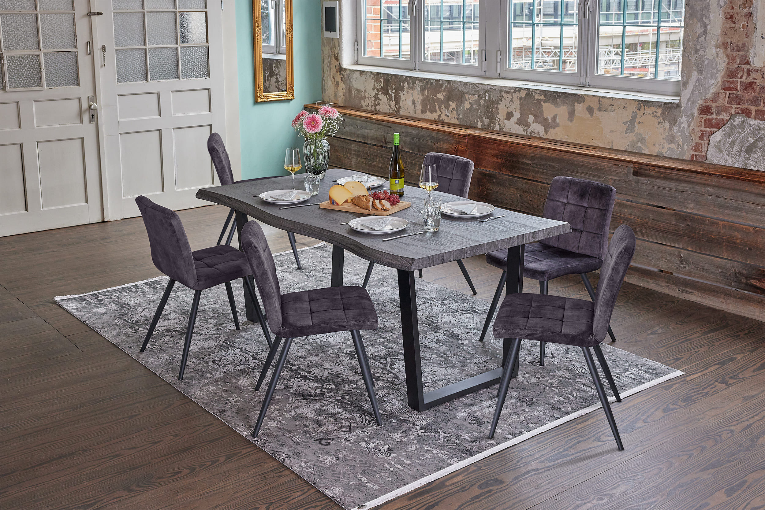 LC Home »Manado« Dining Set I Sitzgruppe Grau Samt Schwarz