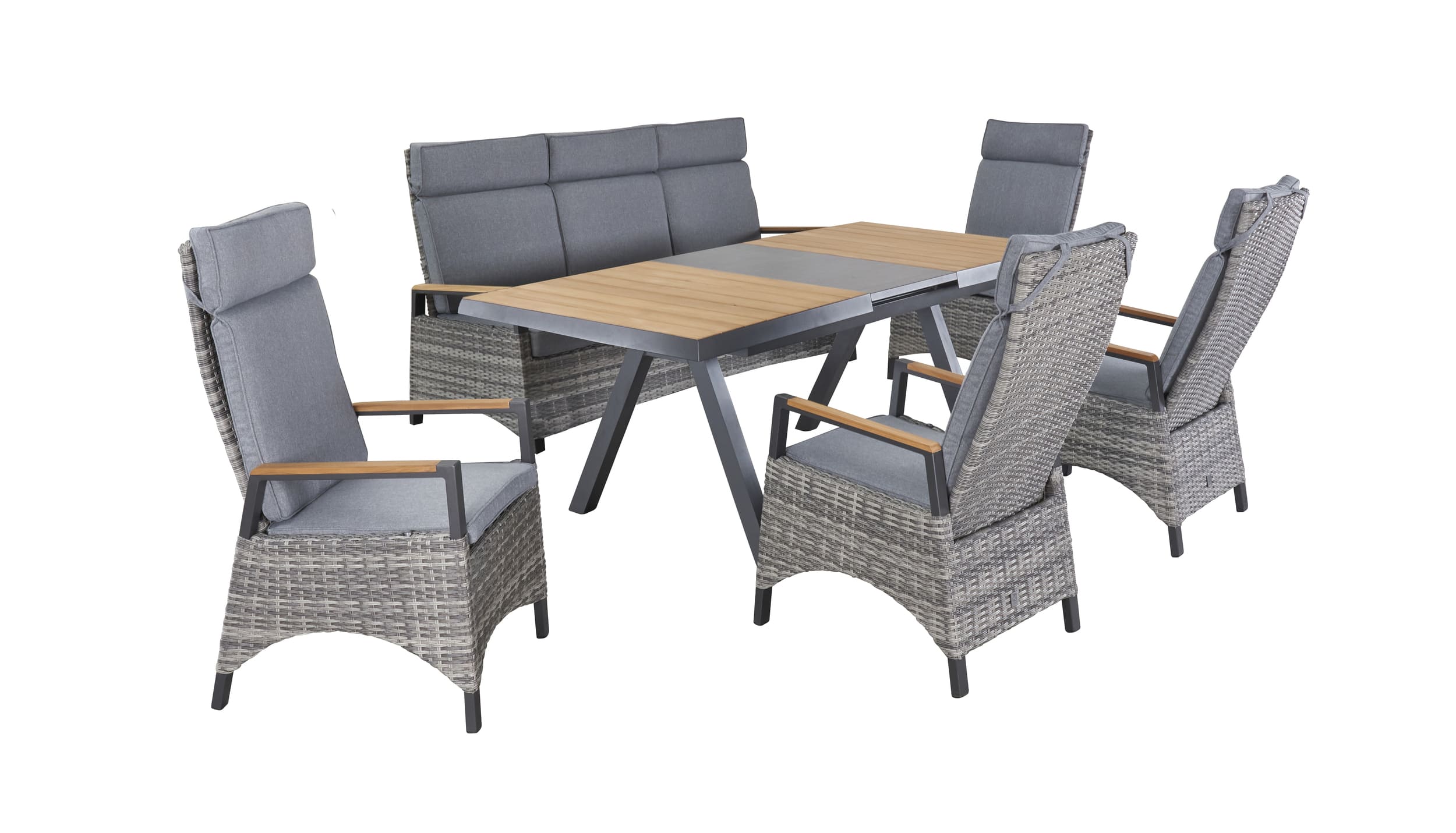 LC Garden »Kumasi« Gartenset VI 6tlg. Esstisch 160/210x100cm Aluminium/Teakholz/Keramik + 4 Positionsstühle + 3-Sitzer Sofa mit Teak-Armlehne
