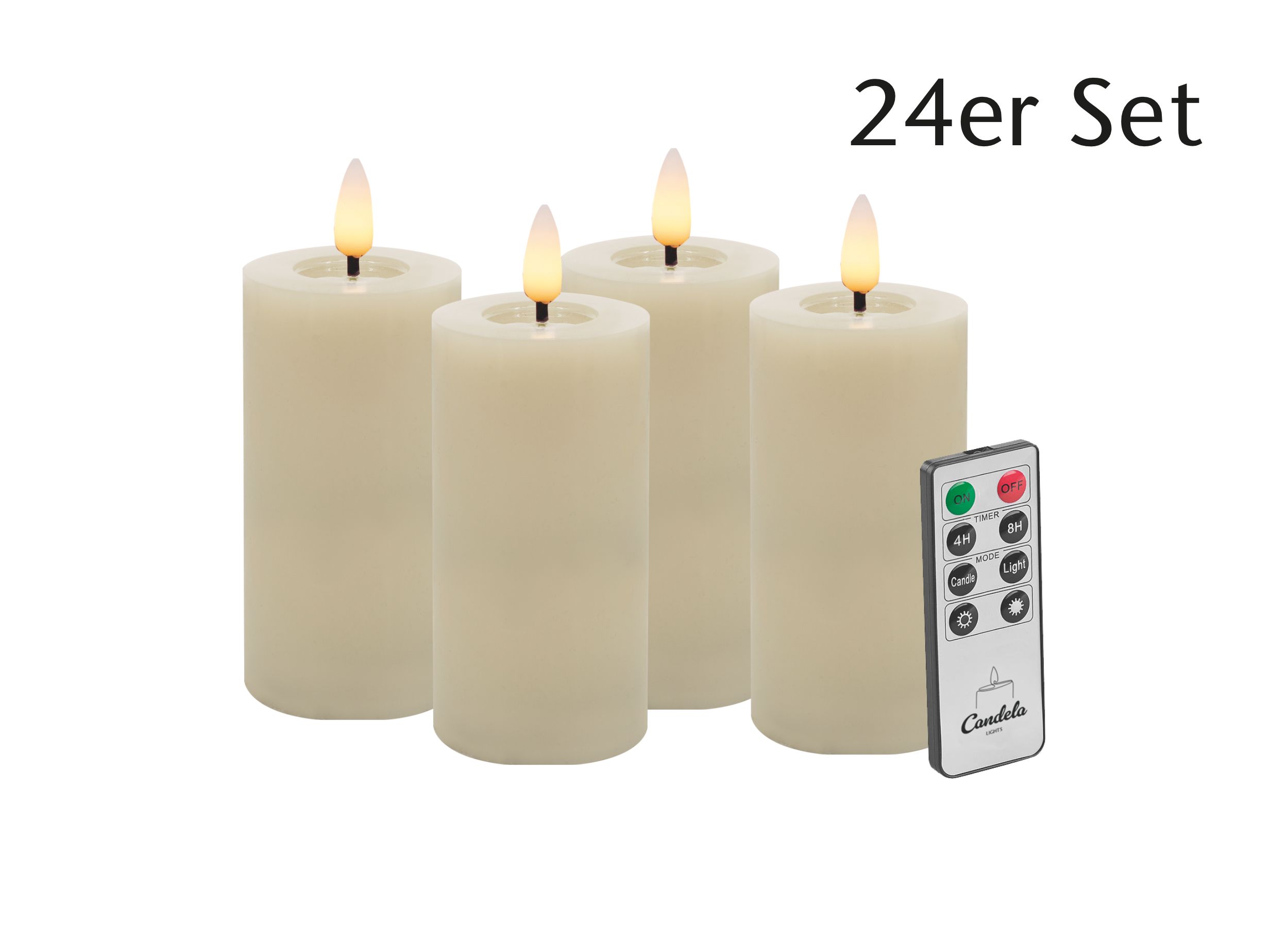 Candela LED Kerzen 24er Set H:10xØ5cm Winter Cream smooth Echtwachs mit Fernbedienung Timer Funktion & mehrstufig dimmbar flammenlos Echtwachskerzen Stumpenkerze