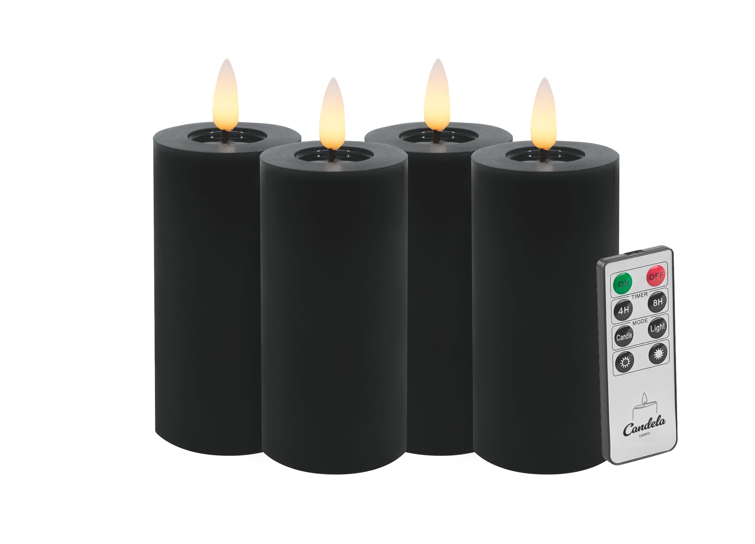 Candela LED Kerzen 4er Set H:10xØ5cm Winter schwarz glatt Echtwachs mit Fernbedienung Timer Funktion & mehrstufig dimmbar flammenlos Echtwachskerzen Stumpenkerze