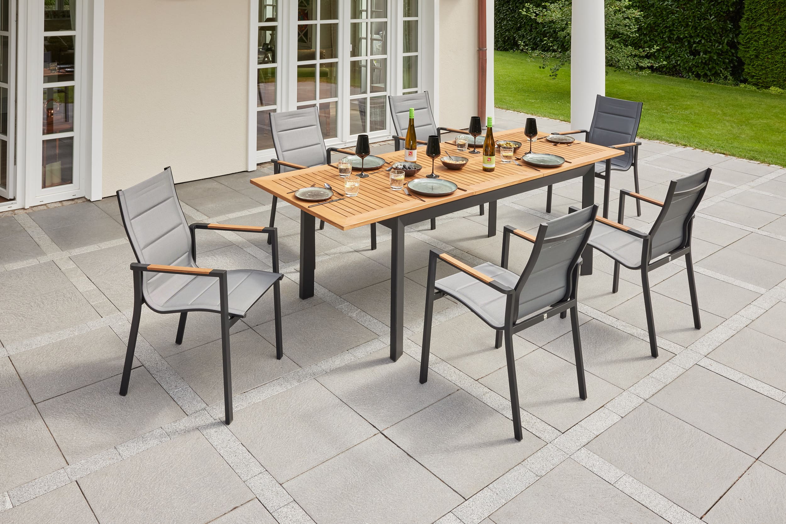 LC Garden »Unicamo« matt schwarz/Teak Dining Set II 7tlg. Sitzgruppe Textilen Gartenset