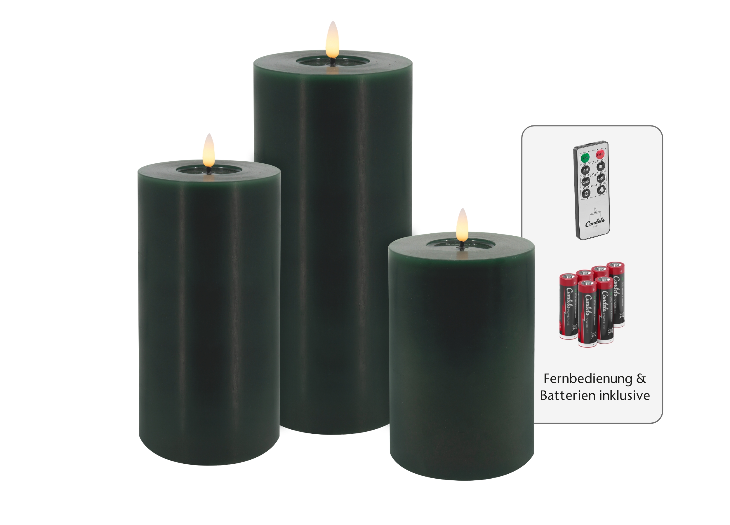 Candela Lights LED Kerzen 3er Set Stumpenkerze grün Echtwachs mit Fernbedienung Timer Funktion & mehrstufig dimmbar bewegliche Flamme Echtwachskerzen