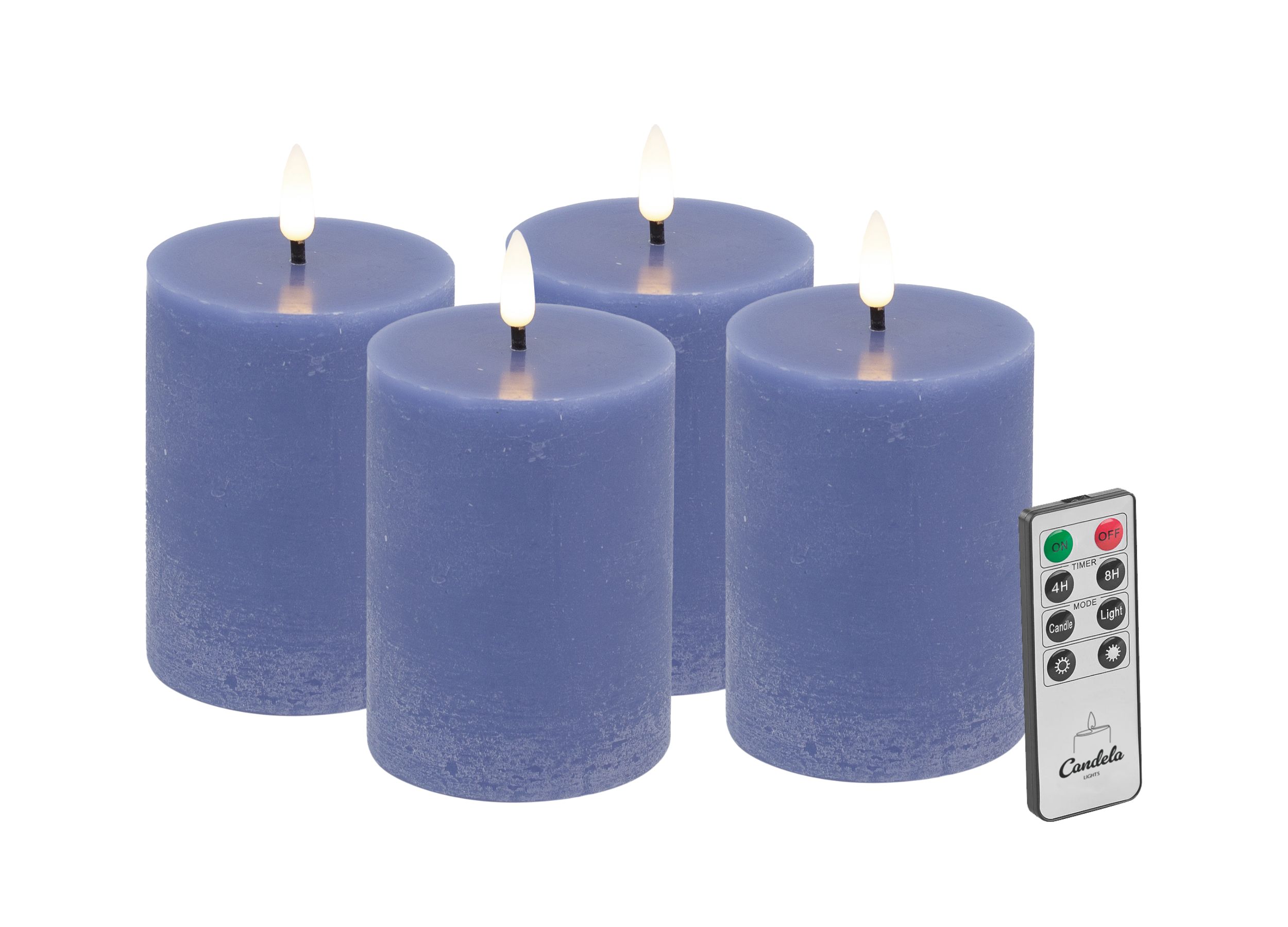 Candela LED Kerzen 4er Set H:10xØ7,5cm blau rustic Echtwachs mit Fernbedienung Timer Funktion & mehrstufig dimmbar flammenlos Echtwachskerzen Stumpenkerze