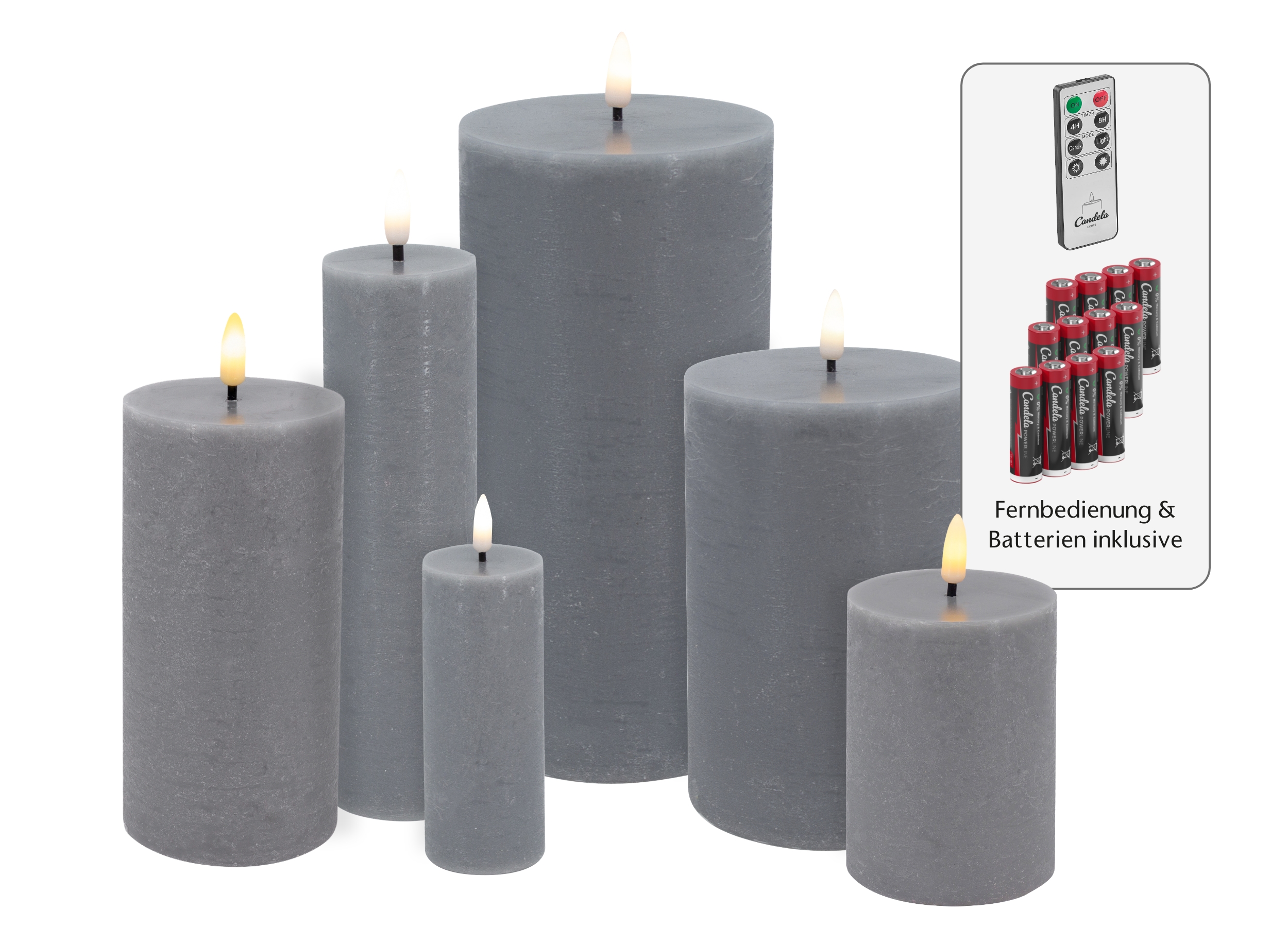 Candela Lights LED Kerzen 6er Set Basic Grau rustic Echtwachs inklusive Fernbedienung und 12 Batterien Timer Funktion & mehrstufig dimmbar flammenlos Echtwachskerzen Stumpenkerzen