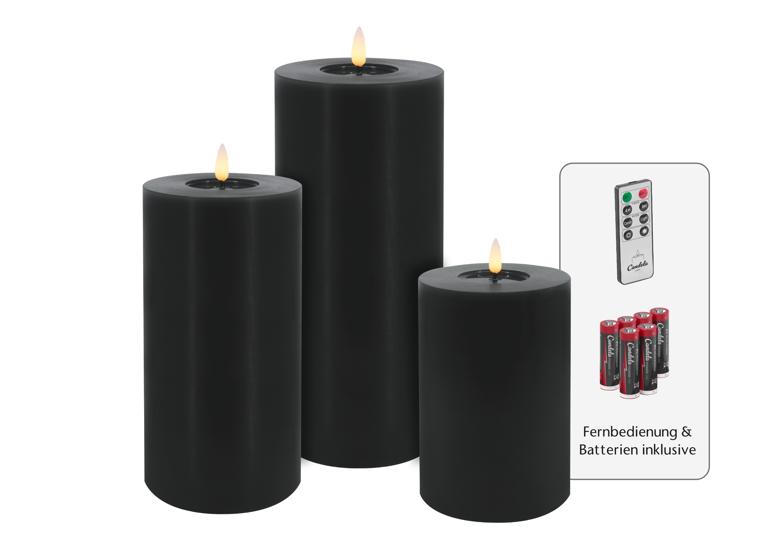 Candela Lights LED Kerzen 3er Set Stumpenkerze schwarz Echtwachs mit Fernbedienung Timer Funktion & mehrstufig dimmbar bewegliche Flamme Echtwachskerzen