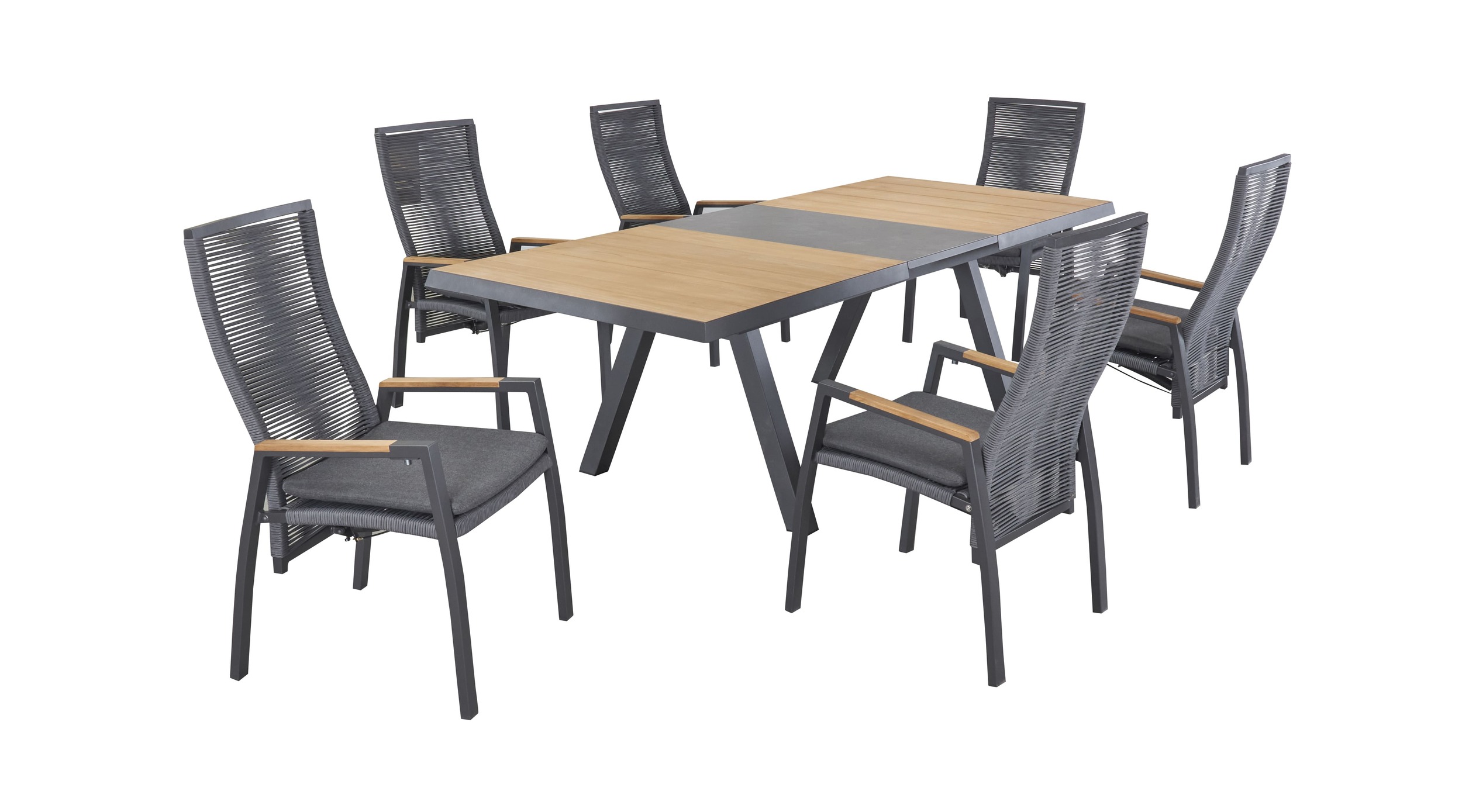 LC Garden »Kumasi« Gartenset IV 7tlg. Esstisch 200/260x100cm Aluminium/Teakholz/Keramik + 6 Gartenstuhl anthrazit/grau Aluminium/Rope Positionsstuhl & Teak-Armlehne