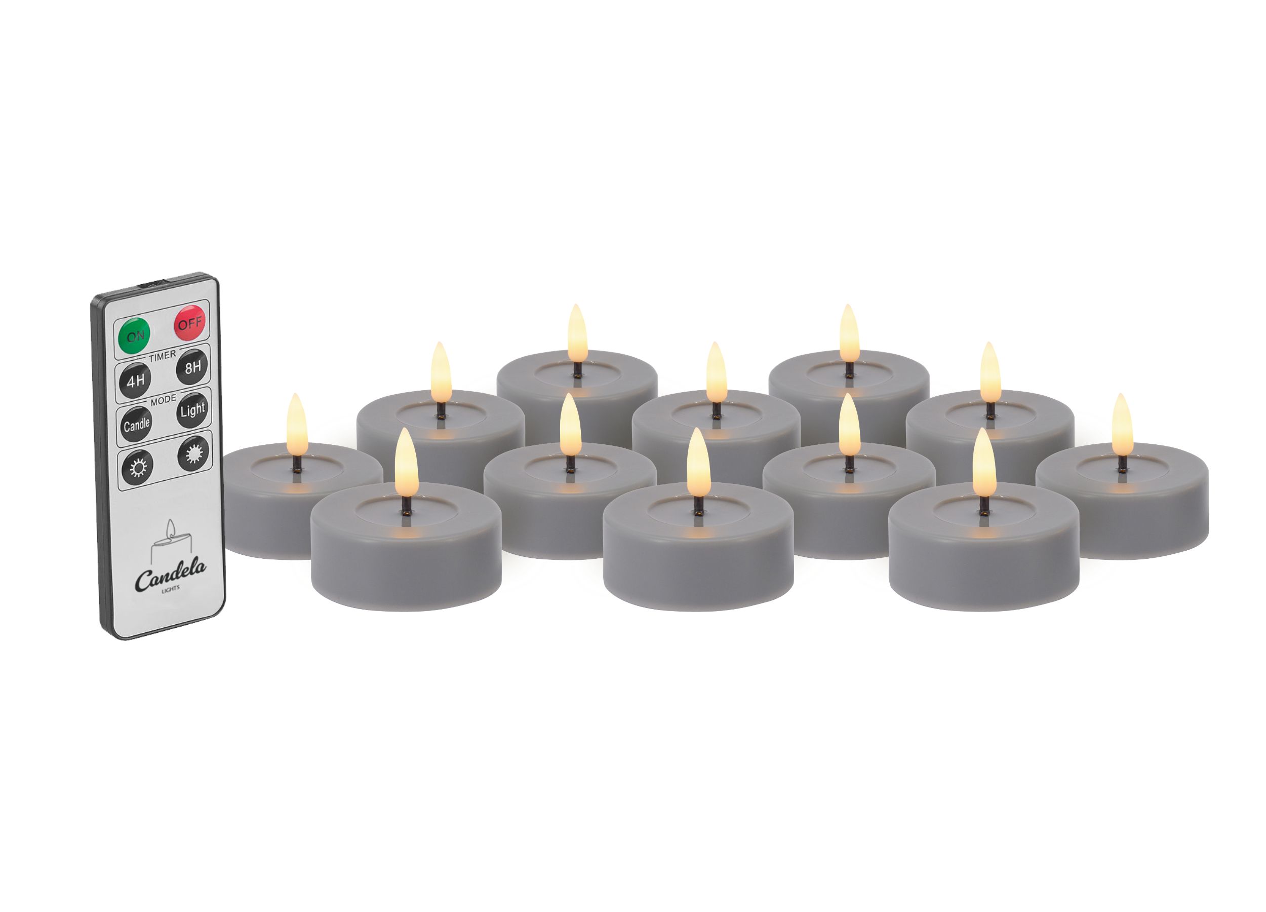 Candela Lights LED Teelicht 12er Set Ø6,8cm rustic grau mit Fernbedienung Timer Funktion & mehrstufig dimmbar flammenlos Teelicht