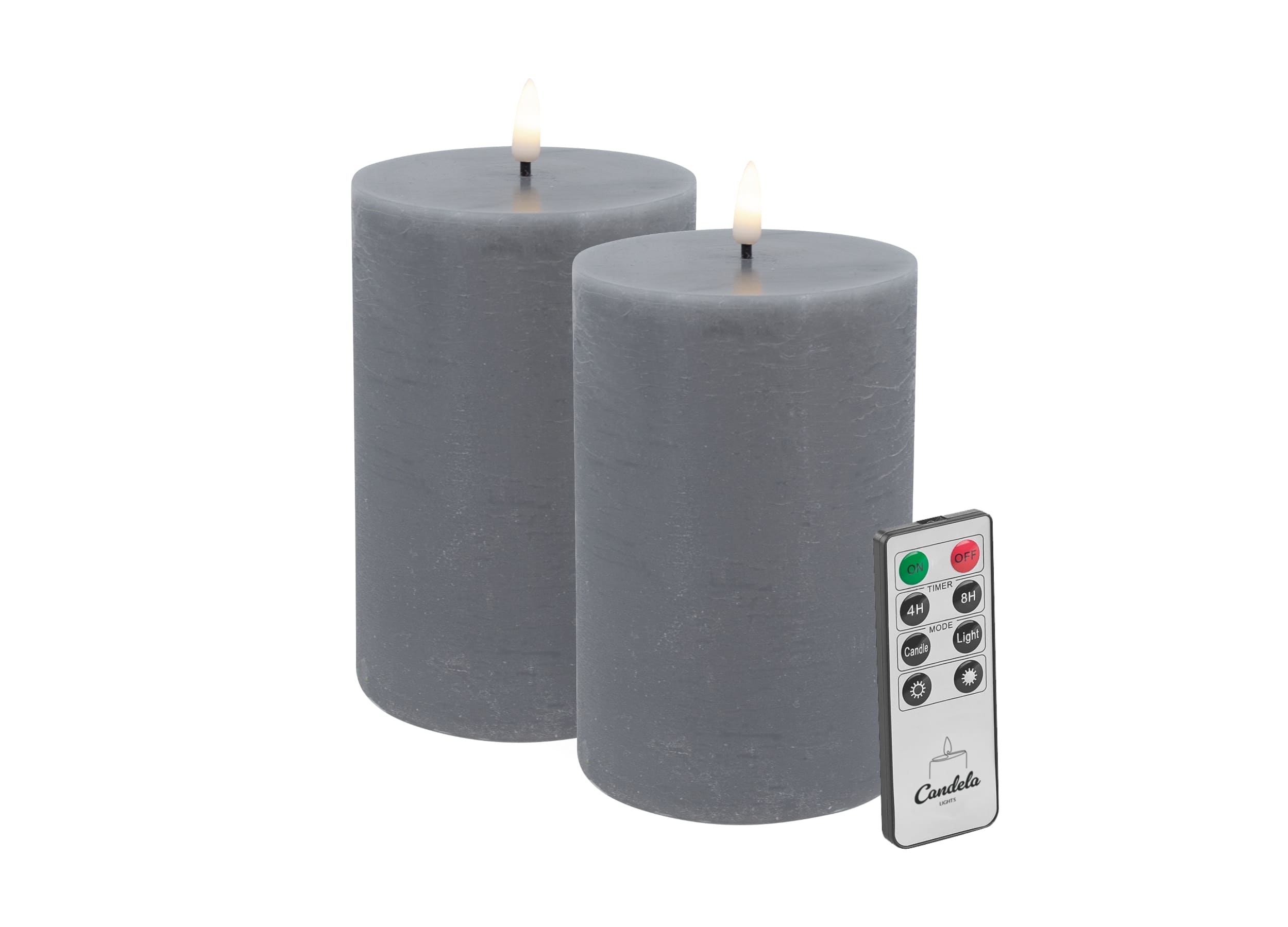 Candela Lights LED Kerzen 2er Set H:15xØ10cm grau rustic Stumpenkerze  Echtwachs mit Fernbedienung & Timerfunktion Flammenlose flackernde LED-Kerze mehrstufig dimmbar