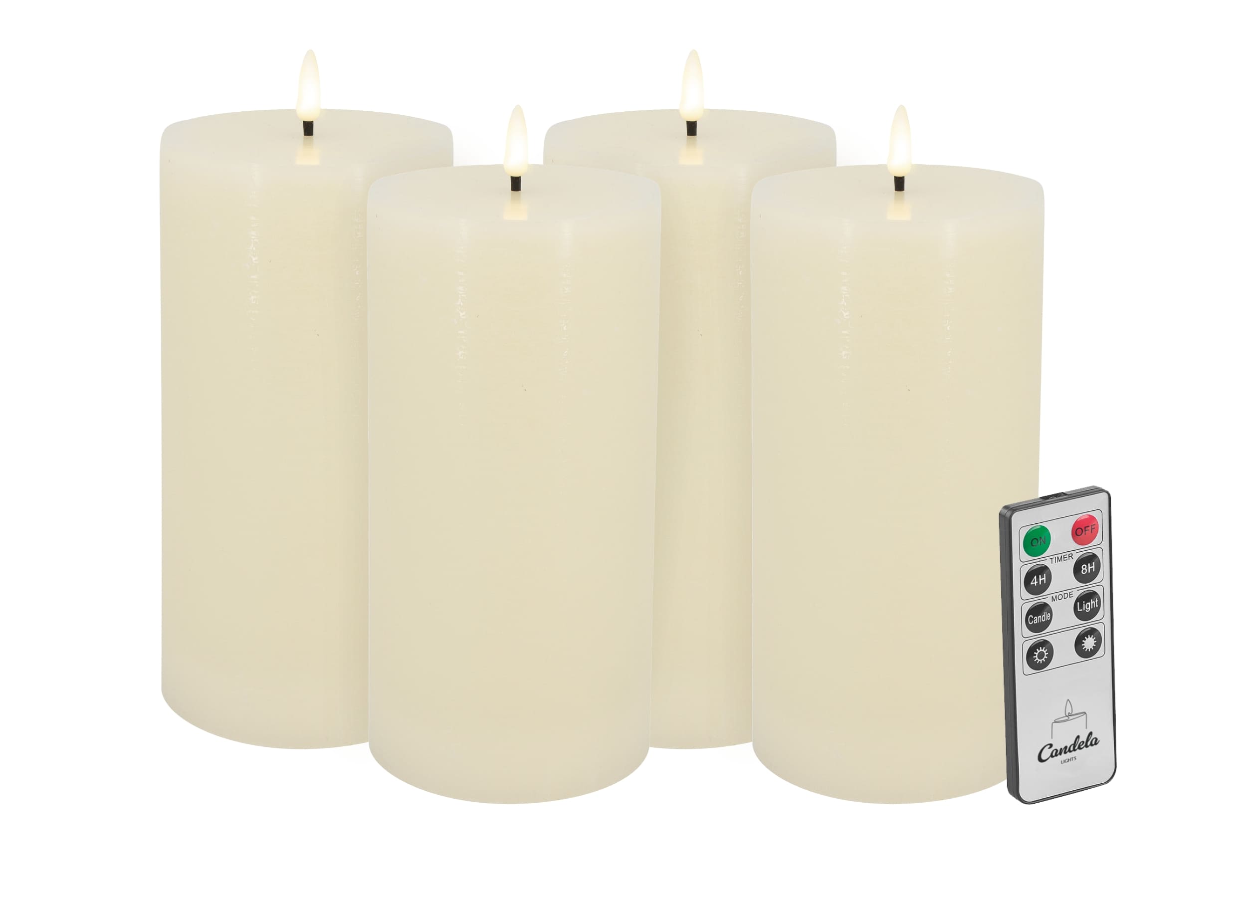 Candela Lights LED Kerzen 4er Set H20xØ10cm creme rustic Echtwachs mit Fernbedienung Timer Funktion & mehrstufig dimmbar flammenlos Echtwachskerzen Stumpenkerze