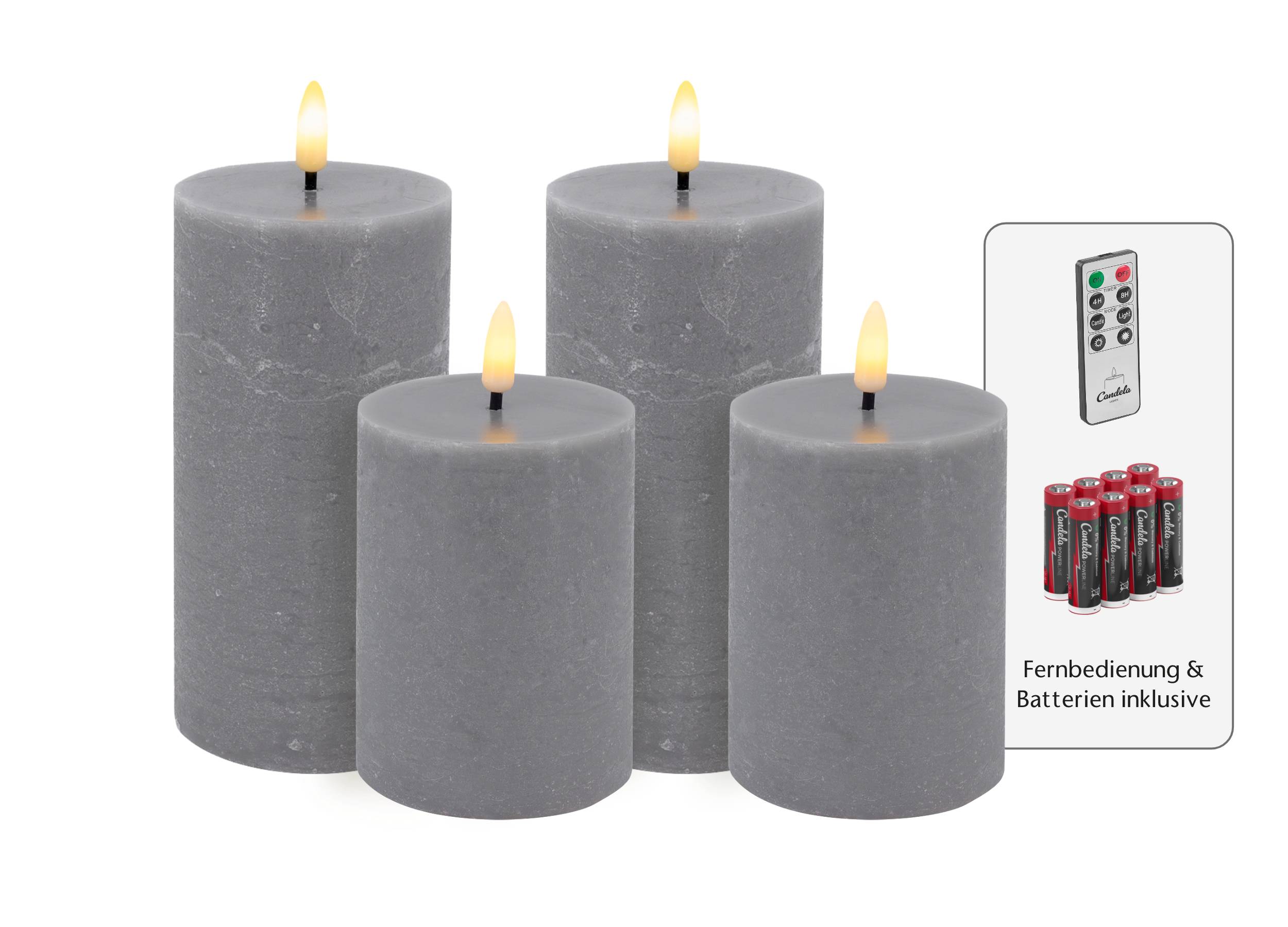 Candela Lights LED Kerzen 4er Set Basic Grau rustic Echtwachs inklusive Fernbedienung und 8 Batterien Timer Funktion & mehrstufig dimmbar flammenlos Echtwachskerzen Stumpenkerzen