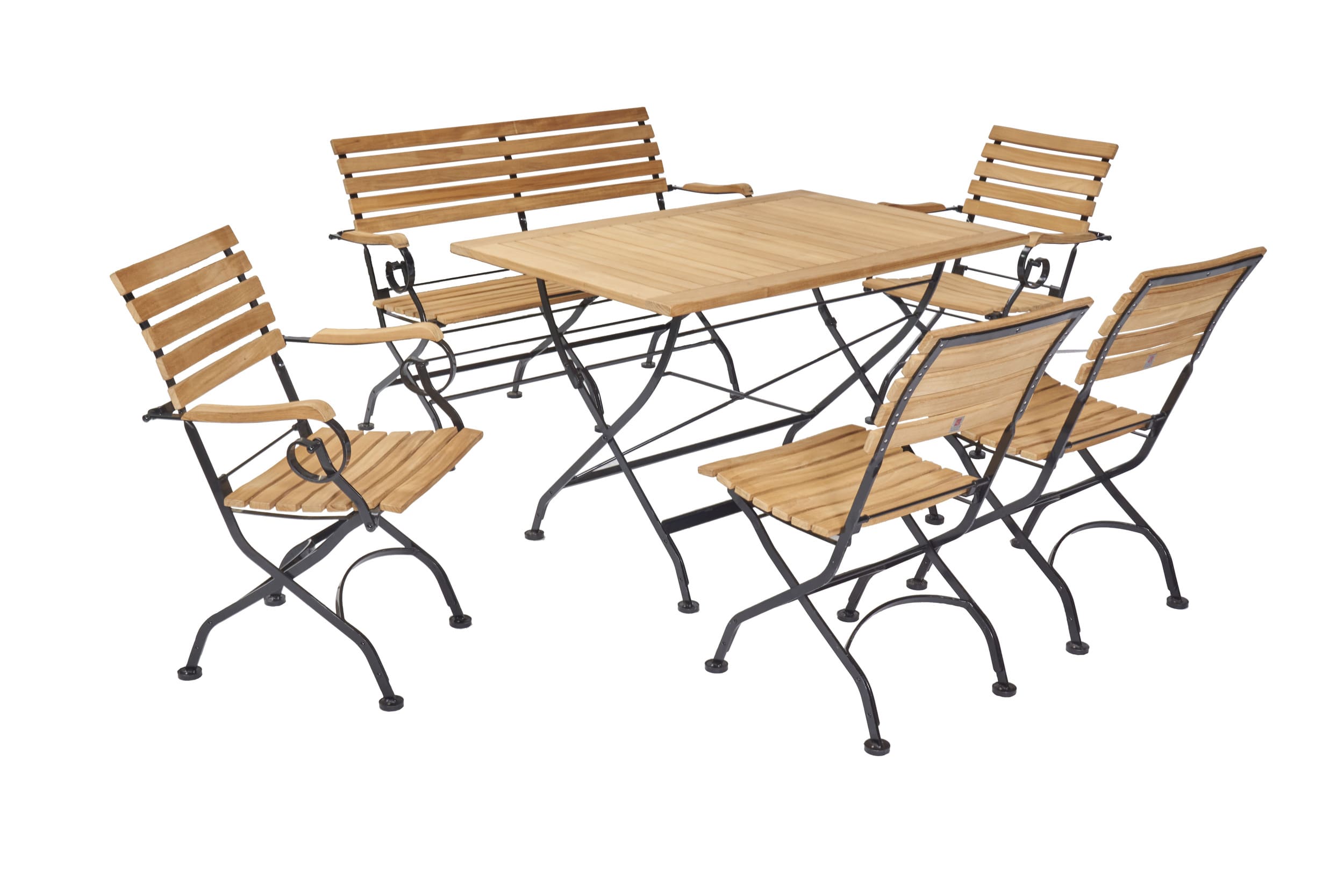 LC Garden »Wimbledon« Dining Set IV 6tlg. Esstisch 120x80cm + 2 Gartenstühle + 2 Armlehnstühle + 2-Sitzer Bank Teakholz Stahlgestell schwarz klappbar Gartenset Biergartenset