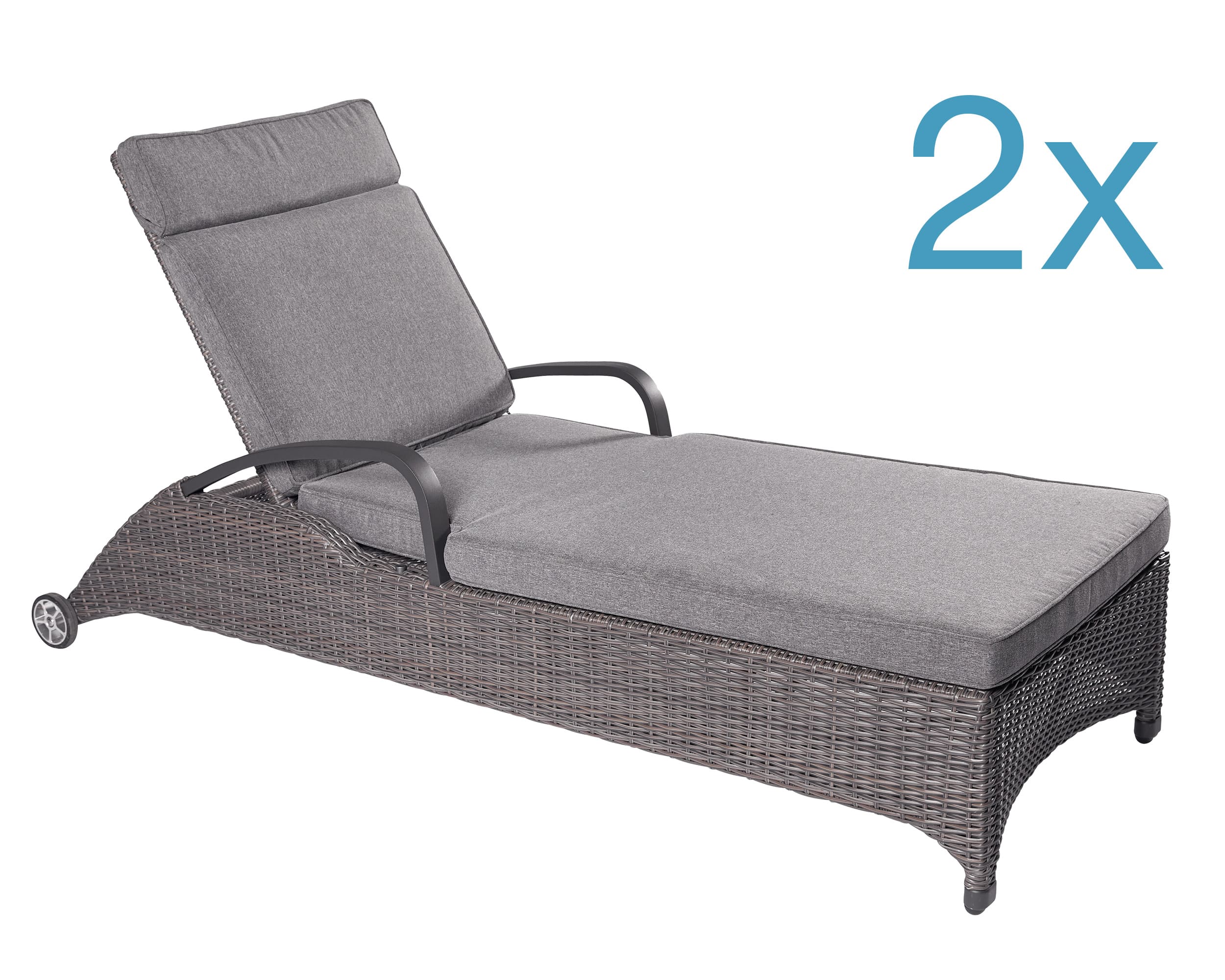 LC Garden 2er Set »Komido« Liegen omega braun 203x68x50cm Gartenliegen verstellbar aus handgeflochtenem Polyrattan inkl. Sitzkissen