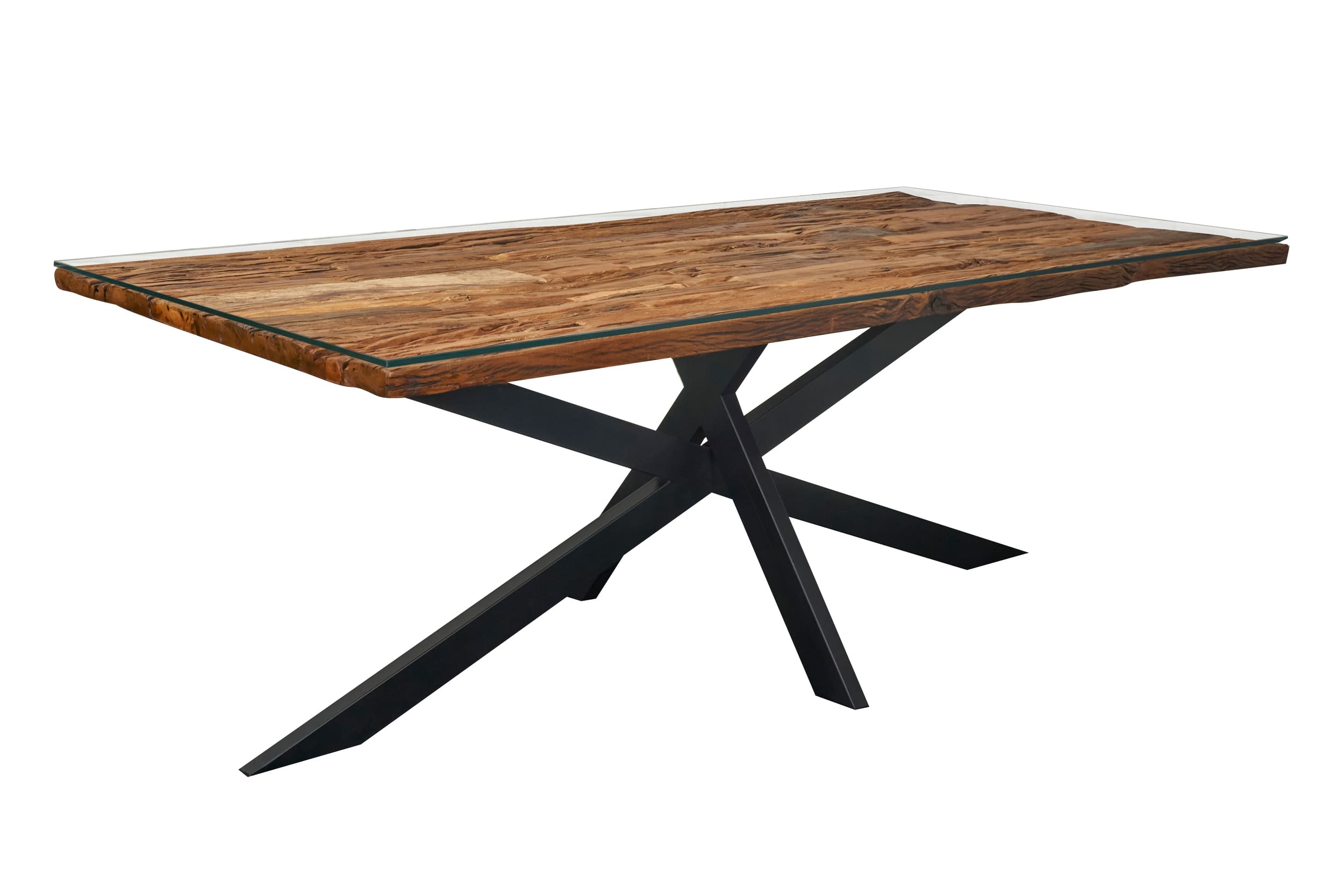 LC Home Esstisch 215x100cm Stern-Metallgestell Holztisch Akazienholz recycelt mit Glasplatte Industrial Design