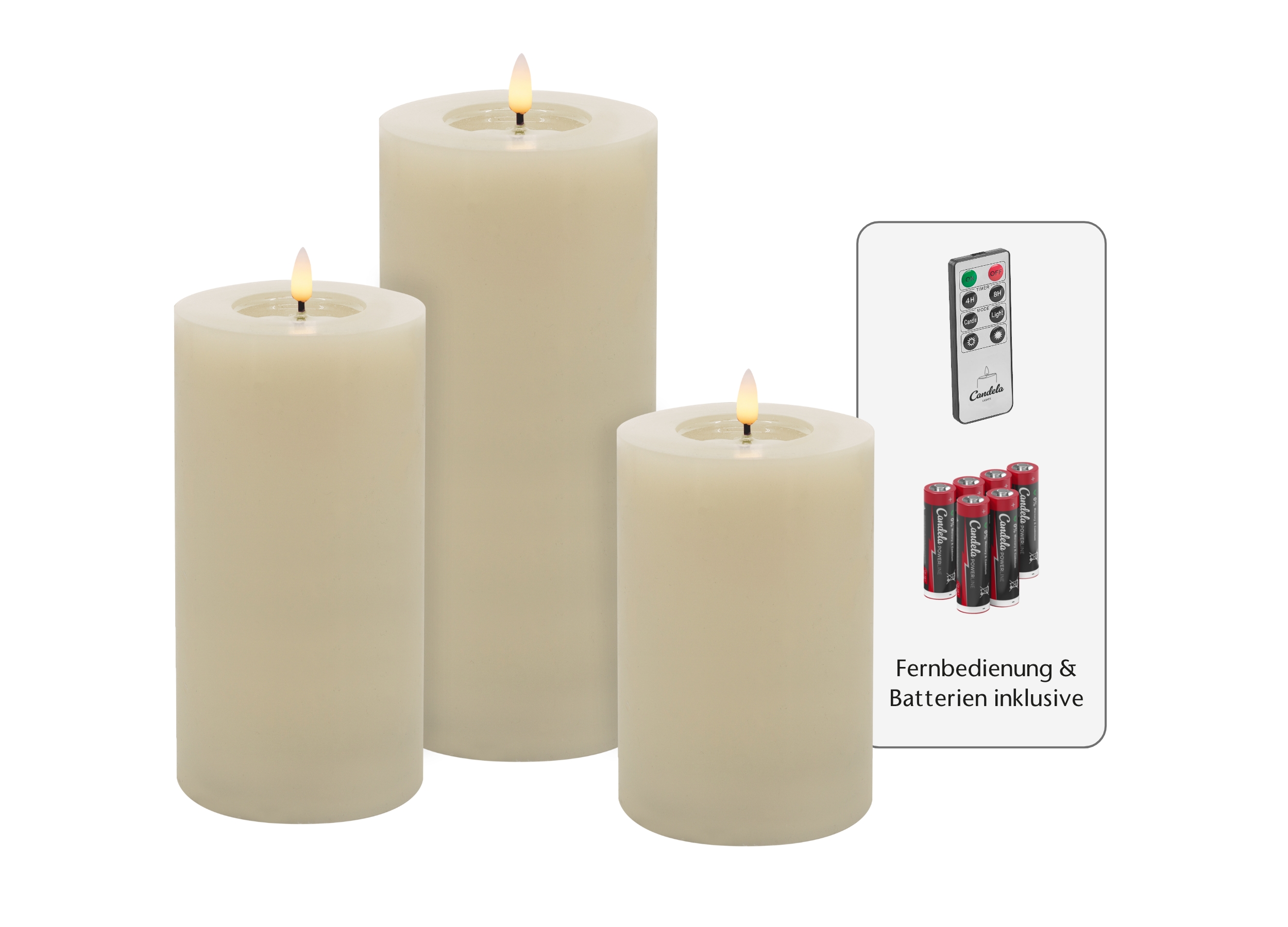 Candela Lights LED Kerzen 3er Set Winter Cream glatt Echtwachs inklusive Fernbedienung und 6 Batterien Timer Funktion & mehrstufig dimmbar flammenlos Echtwachskerzen Stumpenkerzen