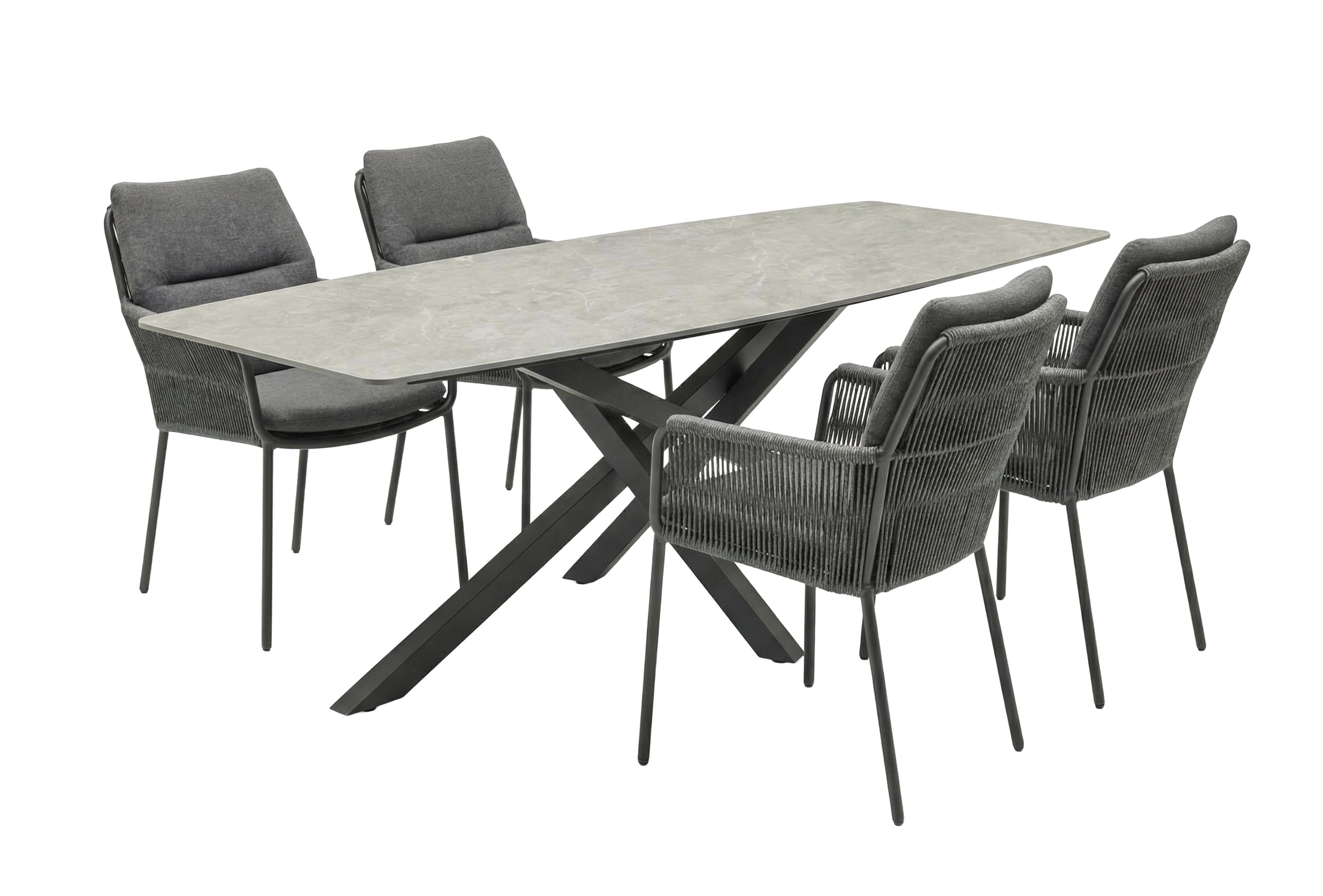 LC Garden »Como« Gartenset Esstisch 200cm Beton-Optik mit 4er Set Armlehnstühlen Anthrazit Rope