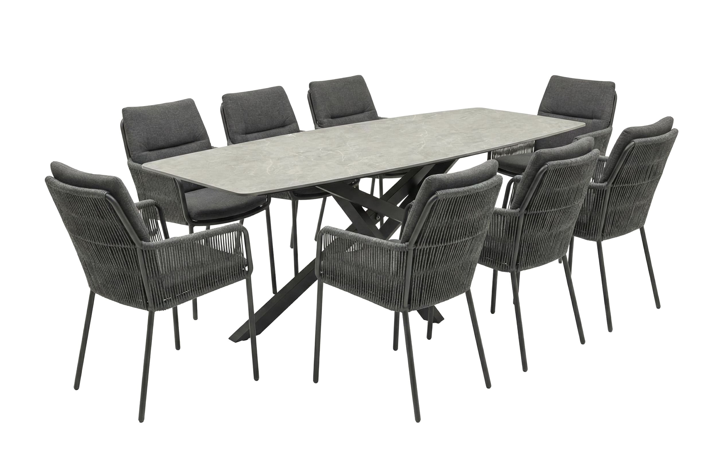 LC Garden »Como« Gartenset Esstisch 220cm Beton-Optik mit 8er Set Armlehnstühlen Anthrazit Rope