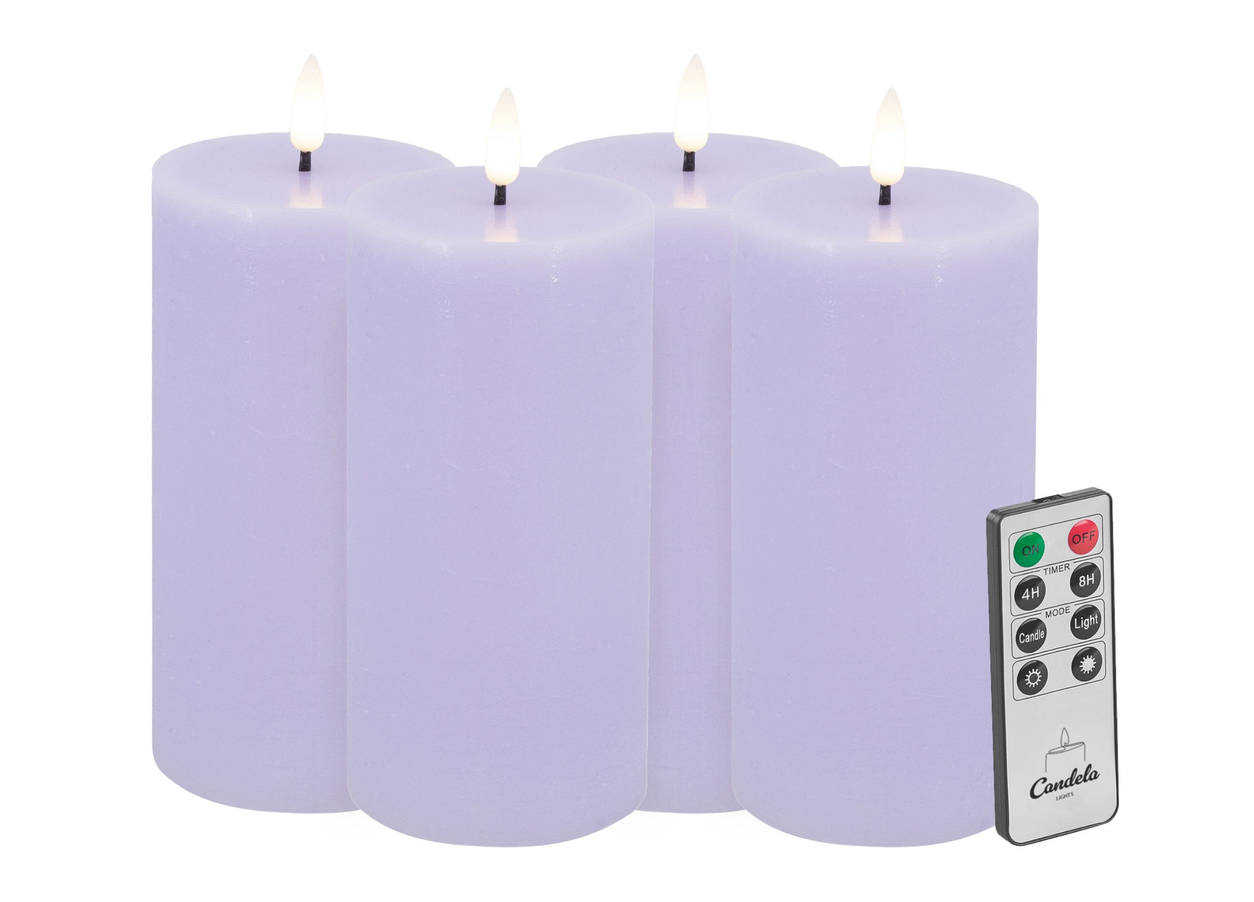 Candela Lights LED Kerzen 4er Set H:20xØ10cm Summer Purple rustic Stumpenkerze Echtwachs mit Fernbedienung & Timerfunktion Flammenlose flackernde LED-Kerze mehrstufig dimmbar
